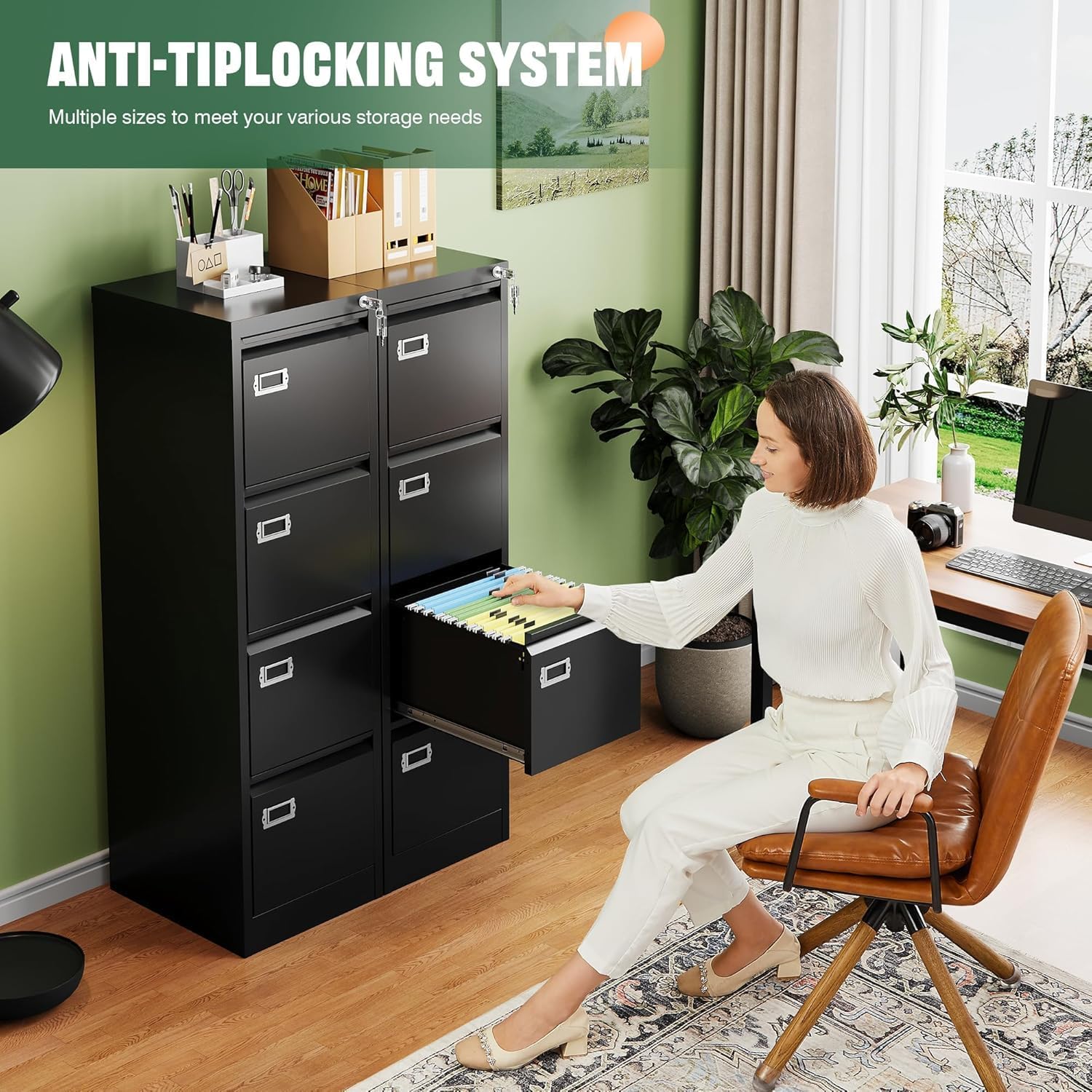 2 Drawer File Cabinet with Lock,Metal Office Small Filing Cabinets for Home Office,Storage Letter,Black-Easy Assemble