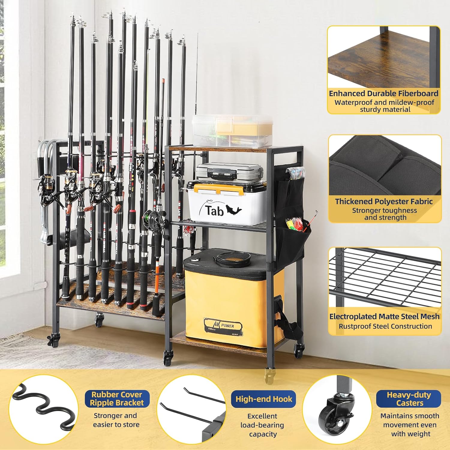 Fishing Rod Holders for Garage, Fishing Pole Holders Rolling Cart with Tackle Storage Organizer for Boat Home Entryway, Equipment Box & Reel Organization, Ideal Gift for Men Dad Anglers