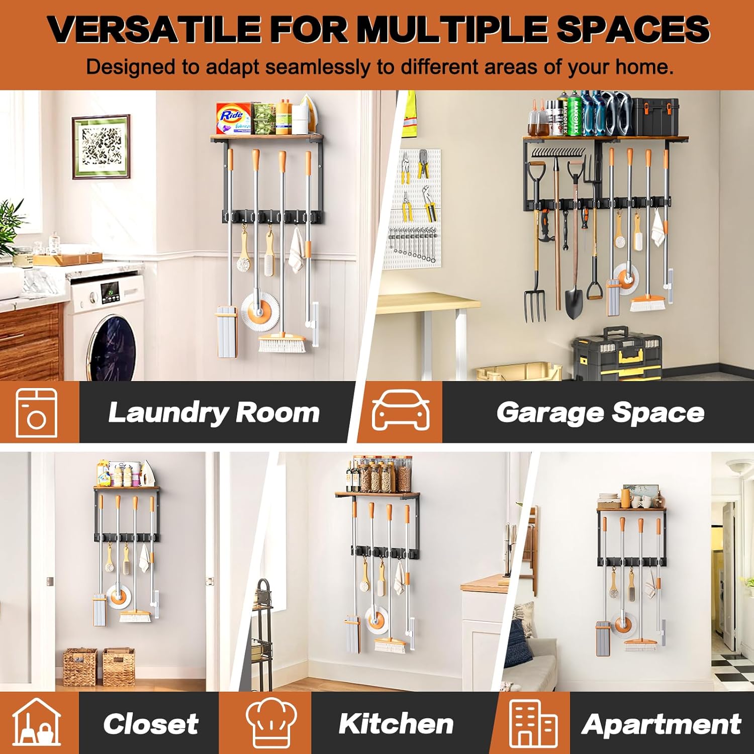 Broom Holder Wall Mount with Cleaning Supplies Organizer, Laundry Room Organization and Storage Shelves with Ironing Board Holder, Mop Hanger Broom Rack with Hooks, Home Improvement Garage Organizer