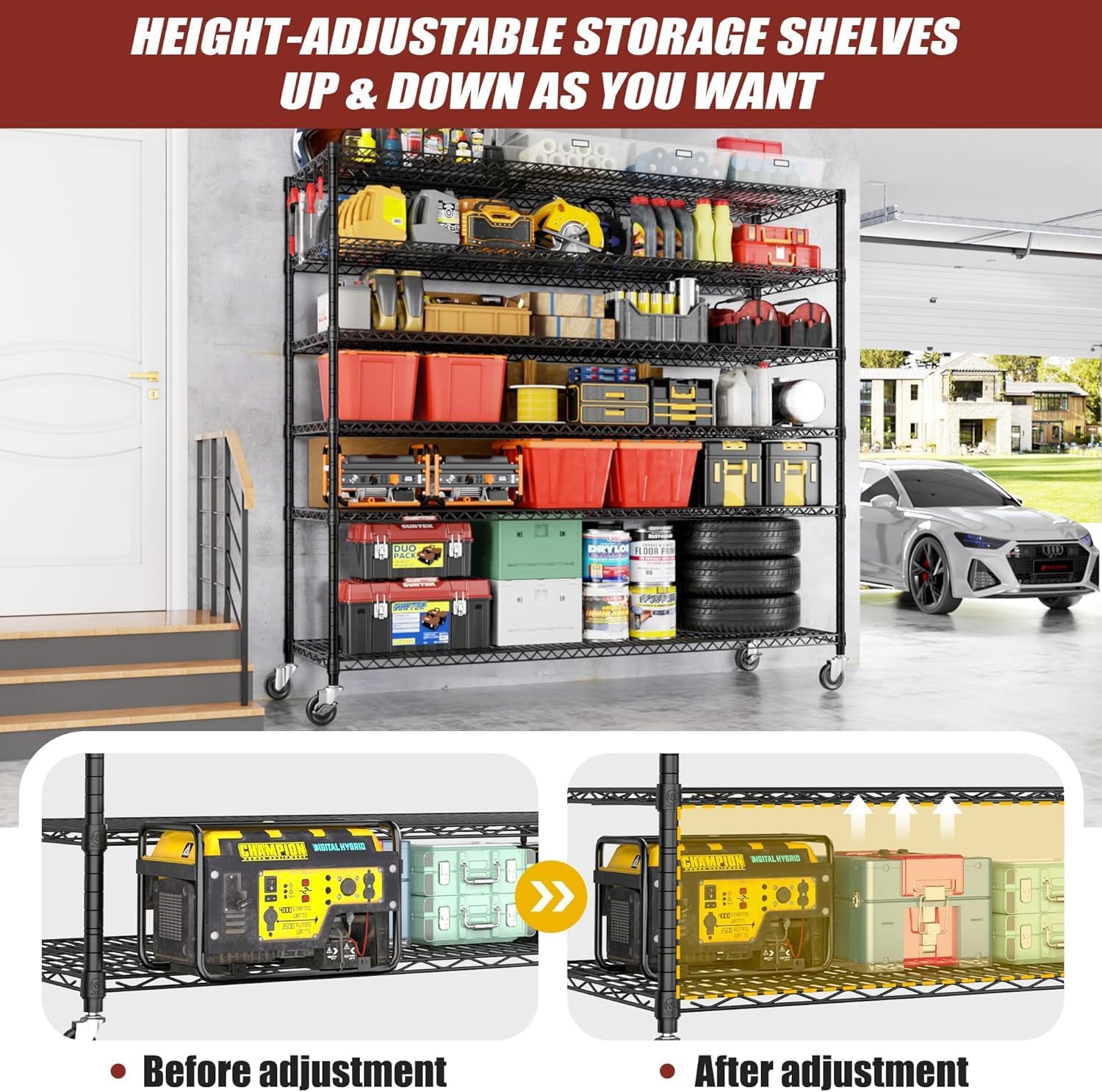 6-Tier Heavy Duty Wire Shelving with Wheels, Adjustable NSF-Certified Steel Storage Rack for Kitchen, Garage & Laundry, 36"W x 16"D x 79"H