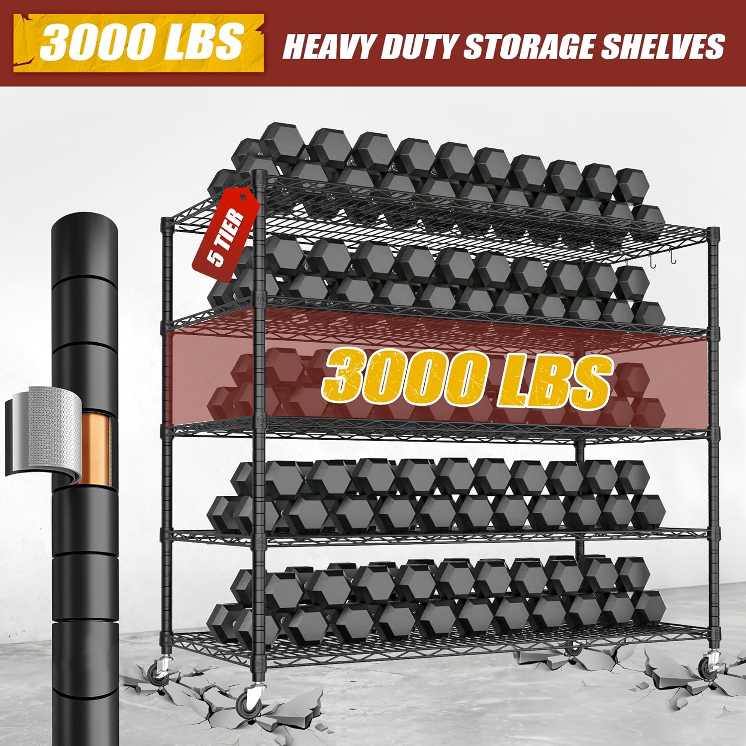 6-Tier Heavy Duty Wire Shelving with Wheels, Adjustable NSF-Certified Steel Storage Rack for Kitchen, Garage & Laundry, 36"W x 16"D x 79"H