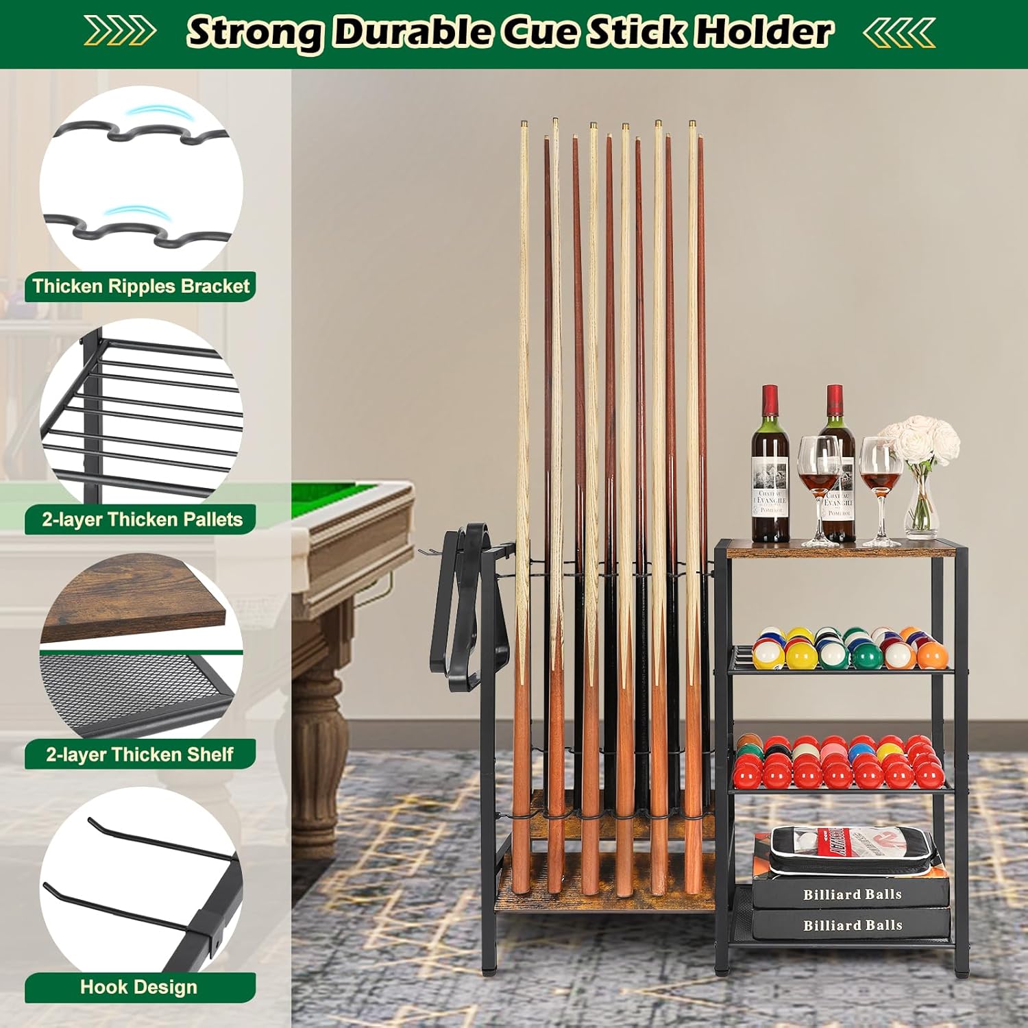 Pool Stick Holder Floor Stand up to 12 Cue Sticks, Pool Cue Holder with Balls Storage, Pool Table Accessories Stand Large Pool Cue Rack Equipment Organizer Cue Stick Holder for Billiard Game Room