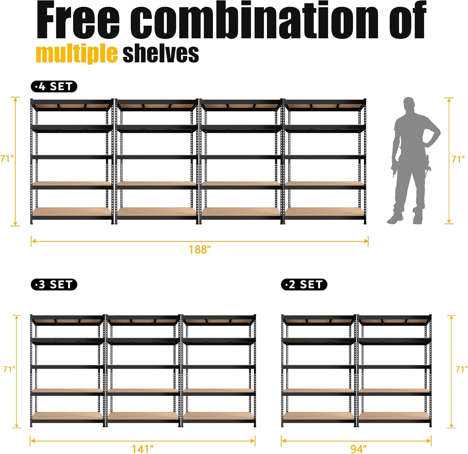 5-Tier Heavy Duty Metal Storage Shelving Unit, Adjustable Garage Utility Rack for Warehouse, Pantry & Closet, 47"W x 23.6"D x 71"H, Black