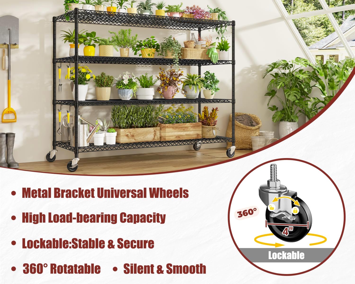 4-Tier Heavy Duty Wire Shelving with Wheels, Adjustable NSF-Certified Rolling Storage Rack for Garage & Pantry, 60"W x 24"D x 76"H