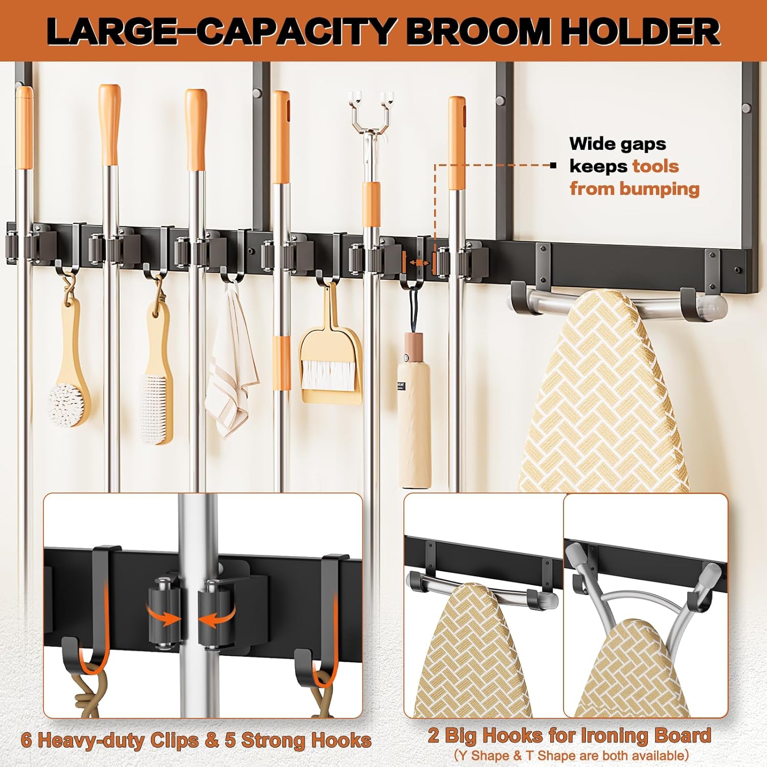 Broom Holder Wall Mount with Cleaning Supplies Organizer, Laundry Room Organization and Storage Shelves with Ironing Board Holder, Mop Hanger Broom Rack with Hooks, Home Improvement Garage Organizer