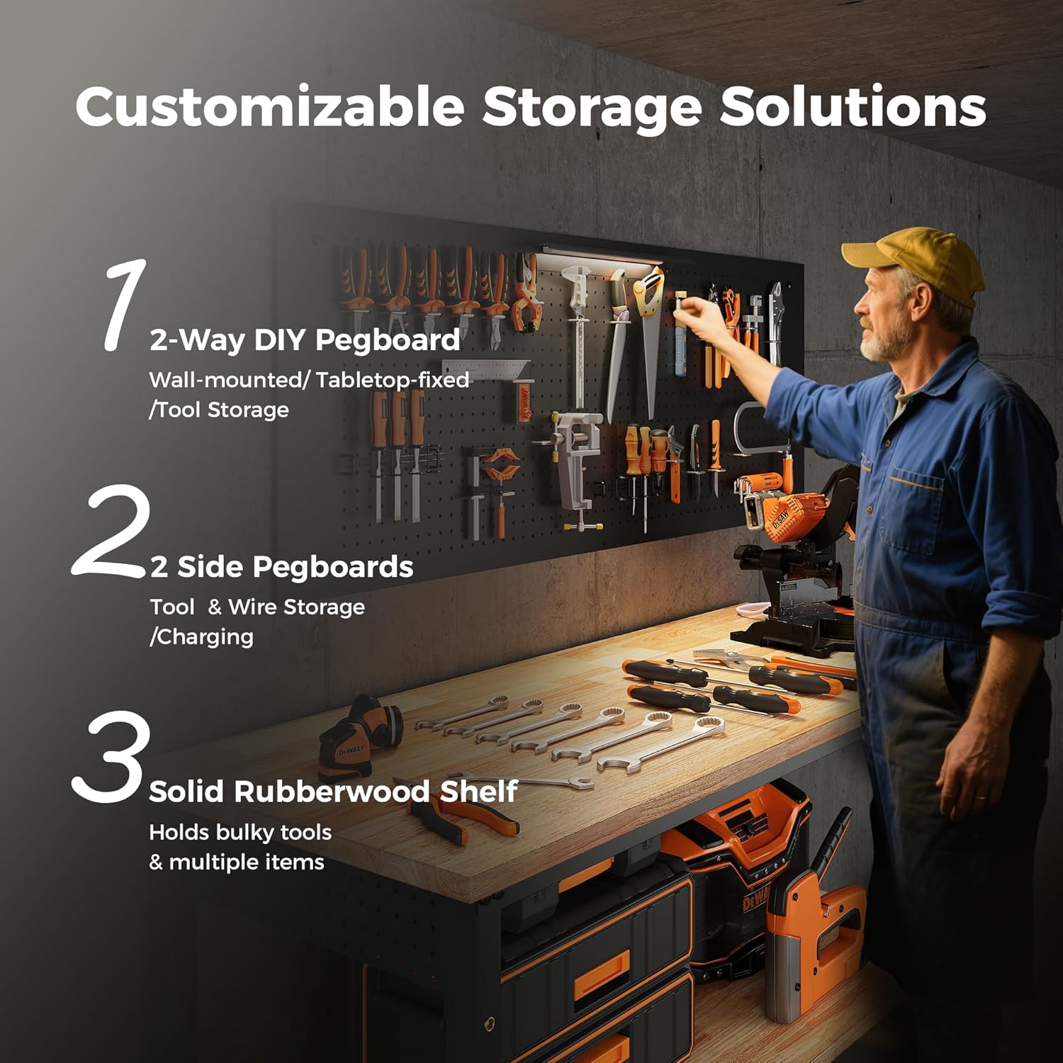 Heavy Duty Adjustable Workbench with Storage Shelf, Rubberwood Tabletop with Pegboard, LED Light & Power Strip for Garage & Workshop, 60"W, 2000 lbs Capacity