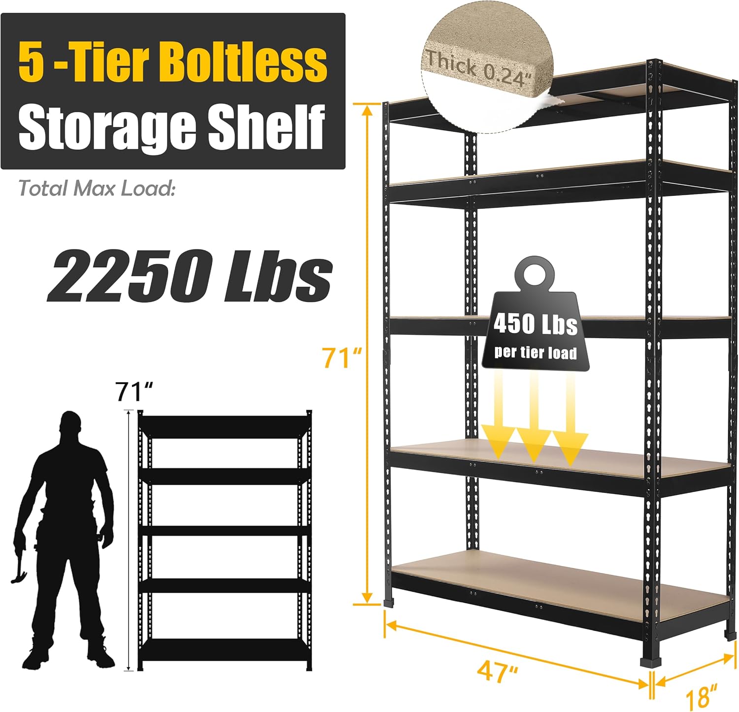5-Tier Heavy Duty Metal Storage Shelves, Adjustable Utility Rack for Garage, Pantry & Closet, 28"W x 12"D x 59"H, Black