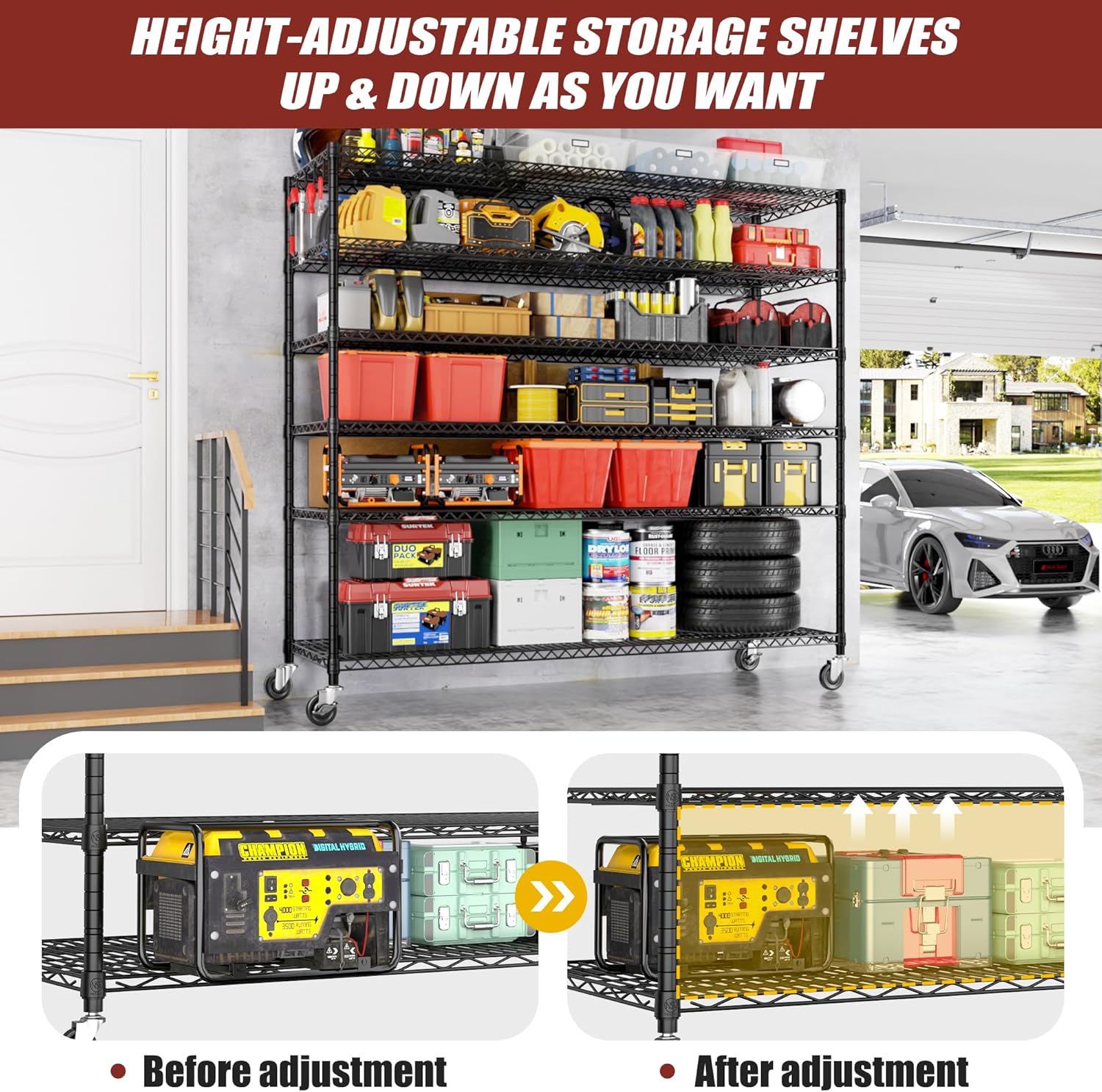 6-Tier Heavy Duty Wire Shelving with Wheels, Adjustable NSF-Certified Steel Storage Rack for Kitchen, Garage & Laundry, 36"W x 16"D x 79"H