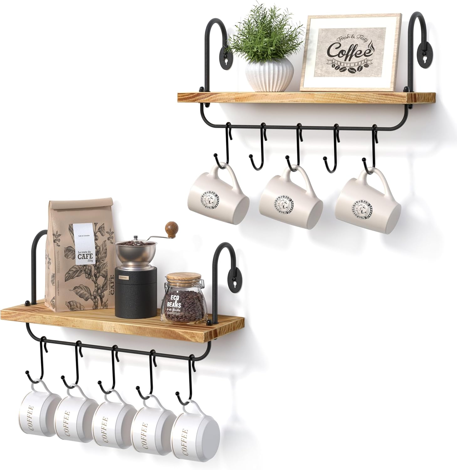 Coffee Mug Cup Holder Wall Mount, Floating Wall Shelves for Coffee Bar Organizer and Decor, Mug Rack Shelf with 10 Hooks for Kitchen Bathroom Coffee Bar Accessories Set of 2 (Carbonized Black)