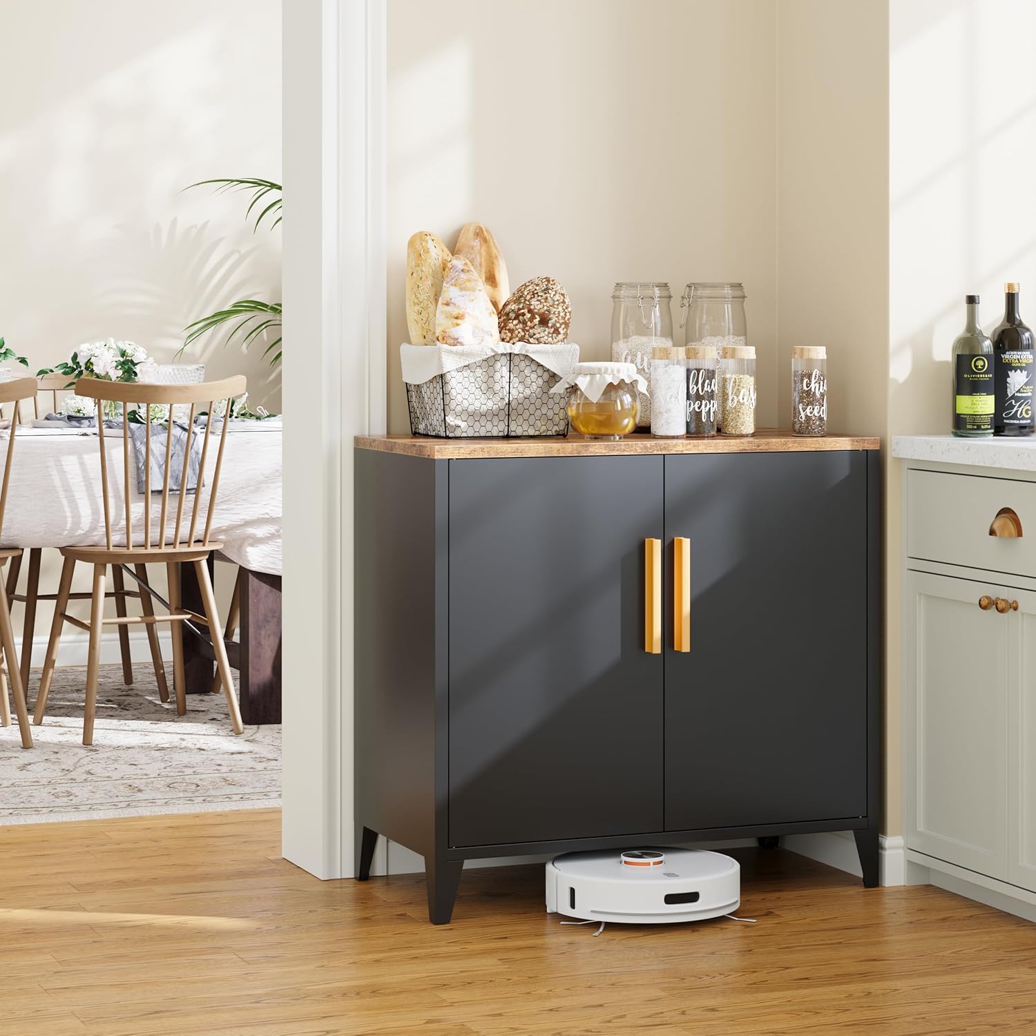 Metal Storage Cabinet with 2 Doors and Shelves 16" Dx 32" Wx30 H,Small Buffet Sideboard Short Cabinet for Kitchen Dining,Office Credenza Locker Modern Coffee Bar,Entryway Bathroom(Black)