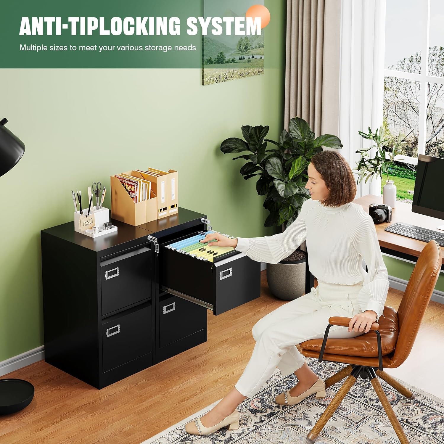 2 Drawer File Cabinet with Lock,Metal Office Small Filing Cabinets for Home Office,Storage Letter,Black-Easy Assemble