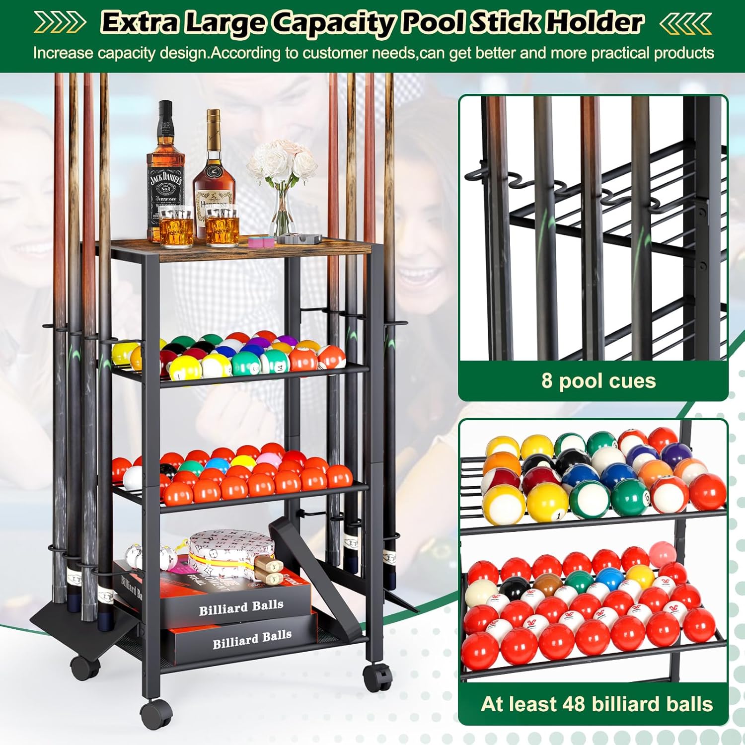 Pool Stick Holder Floor Stand up to 12 Cue Sticks, Pool Cue Holder with Balls Storage, Pool Table Accessories Stand Large Pool Cue Rack Equipment Organizer Cue Stick Holder for Billiard Game Room