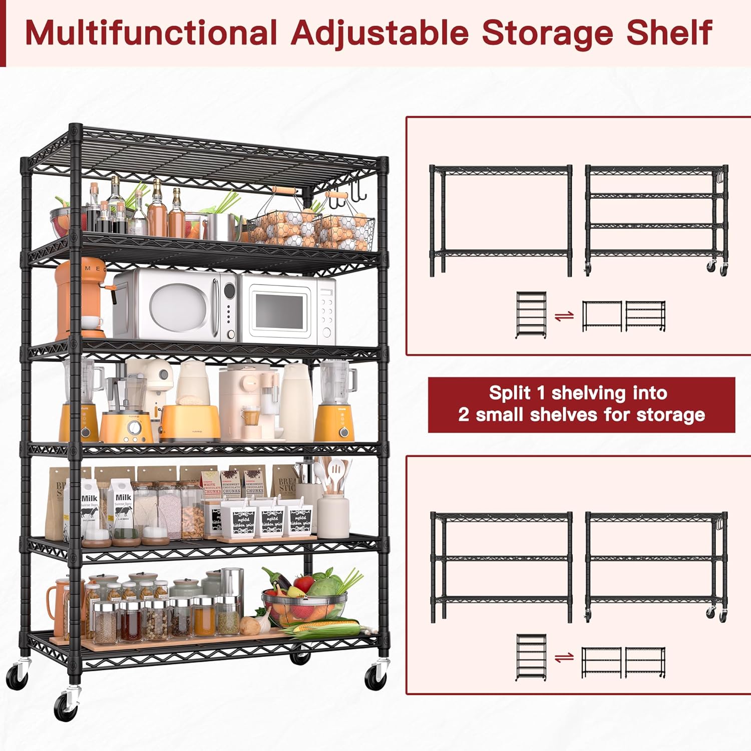 6-Tier Heavy Duty Wire Shelving with Wheels, Adjustable NSF-Certified Steel Storage Rack for Kitchen, Garage & Laundry, 36"W x 16"D x 79"H