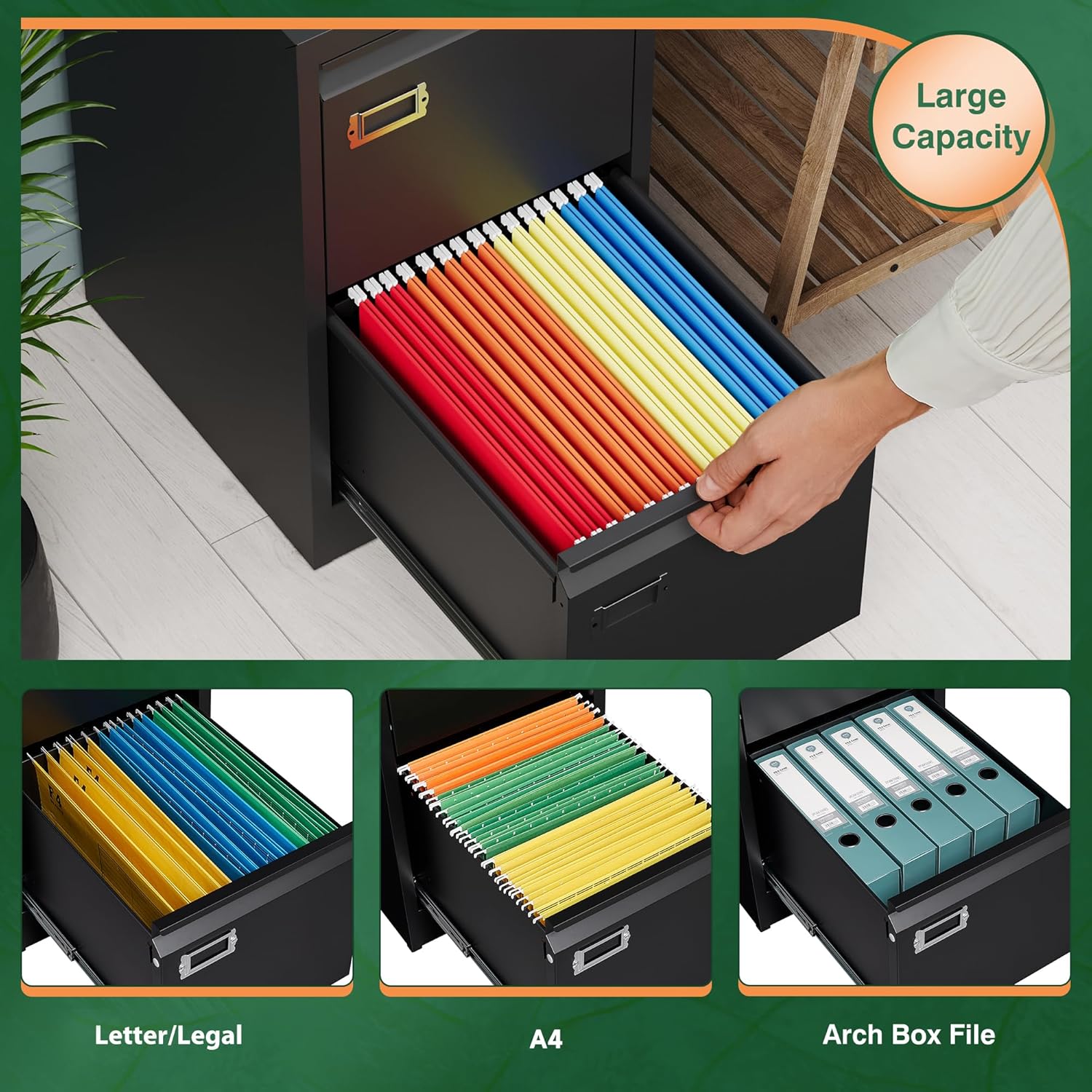 2 Drawer File Cabinet with Lock,Metal Office Small Filing Cabinets for Home Office,Storage Letter,Black-Easy Assemble