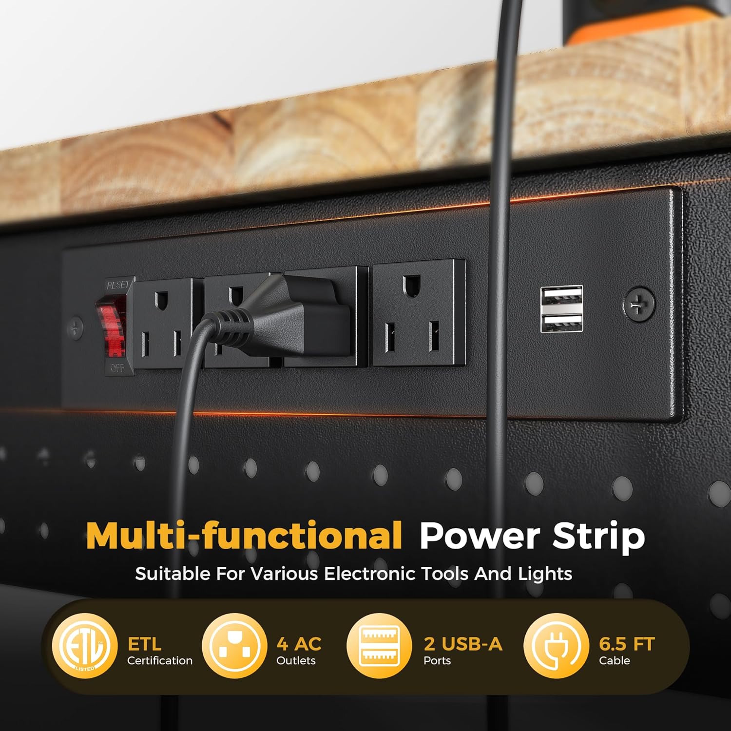 47.6" Adjustable Heavy Duty Workbench, 2000 lbs Load Rubberwood Work Table with Pegboard & Power Outlets for Garage, Workshop & Home
