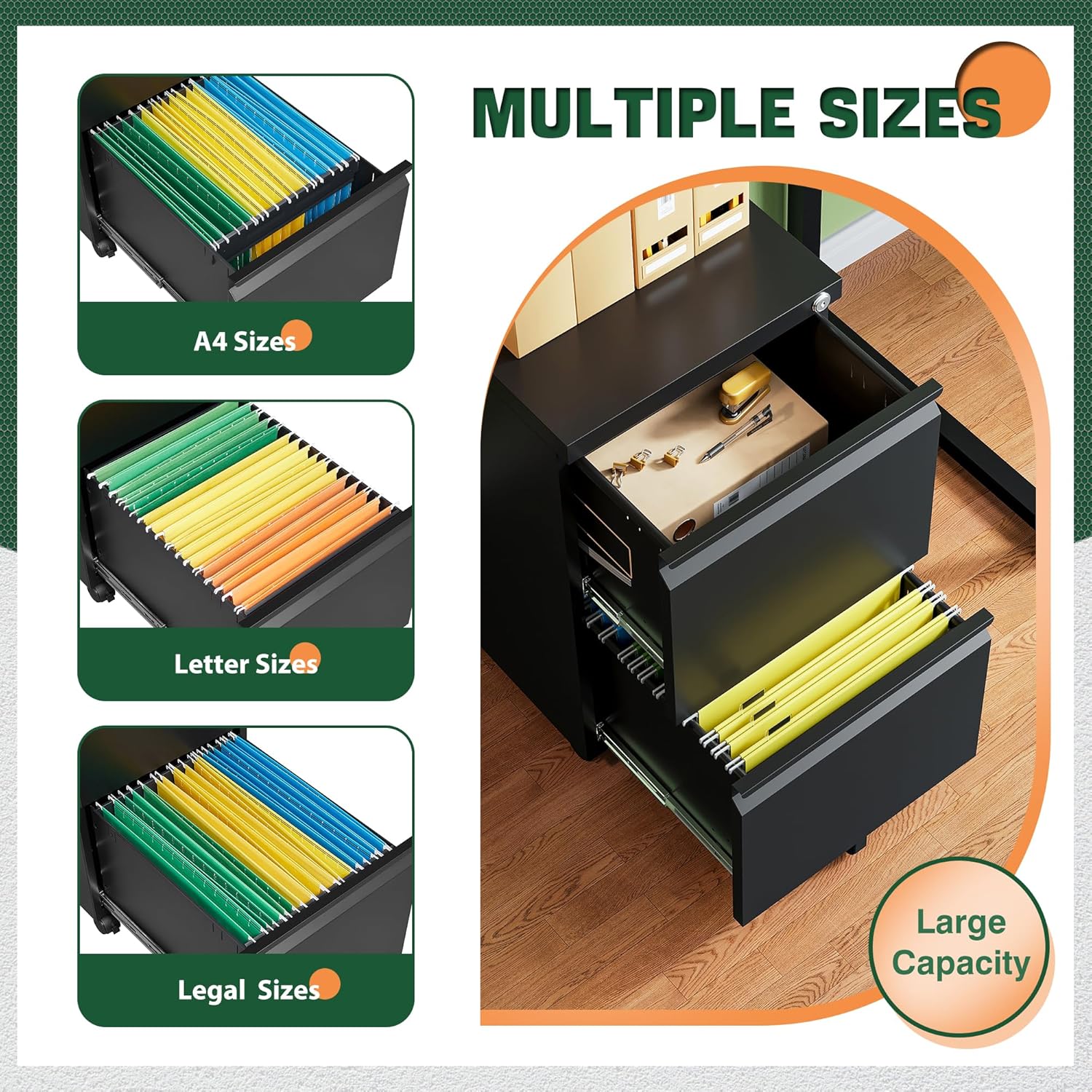 3 Drawer Mobile File Cabinet with Lock,Under Desk Metal Filing Cabinets for Home Office Organizer Letters/Legal/A4((Fully Assembled-Black)