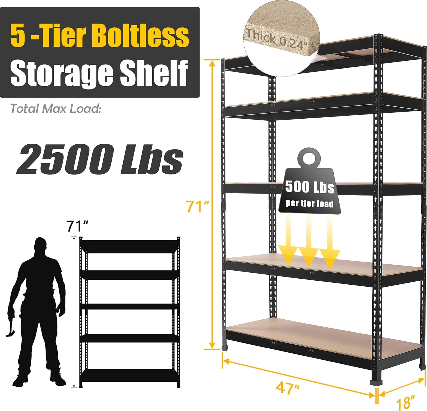 5-Tier Heavy Duty Metal Storage Shelving Unit, Adjustable Garage Utility Rack for Warehouse, Pantry & Closet, 47"W x 23.6"D x 71"H, Black