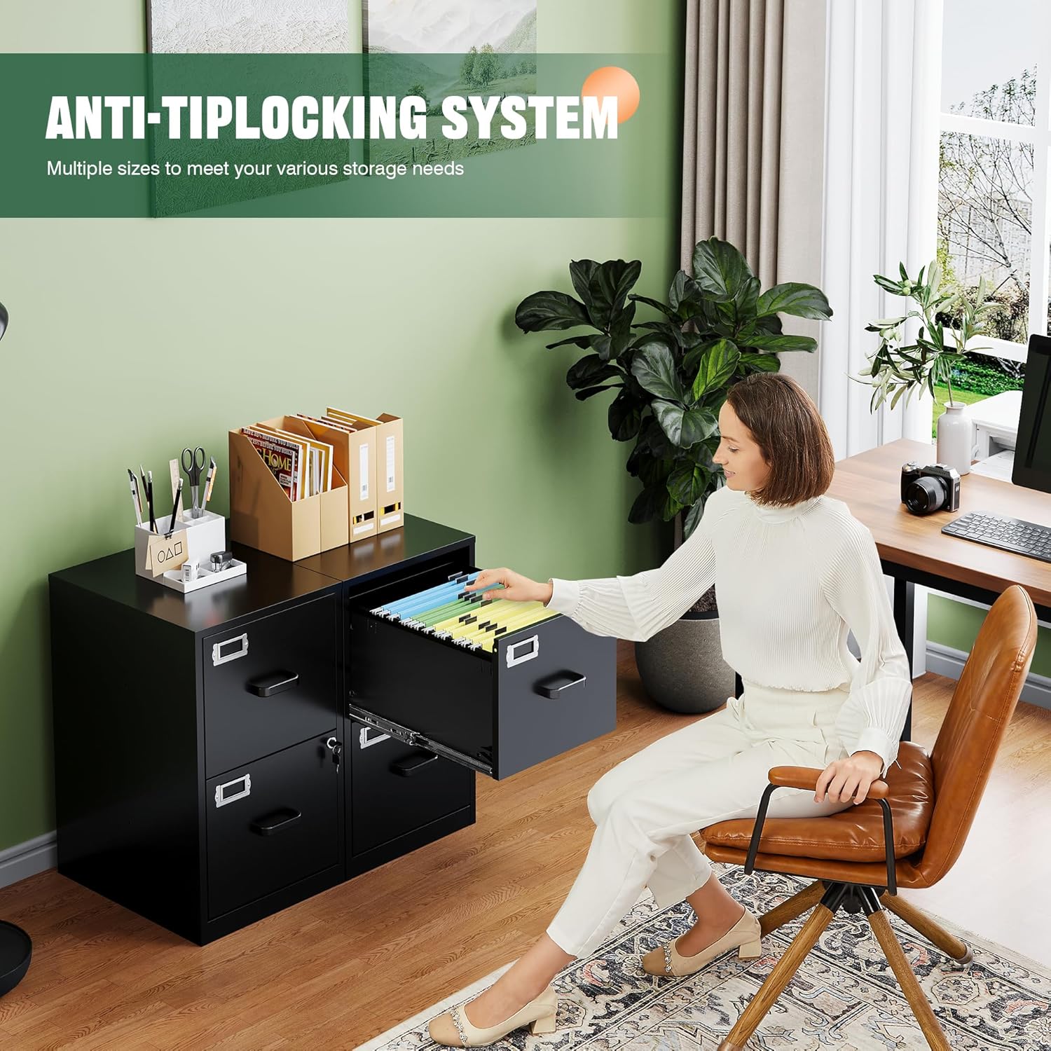 2 Drawer File Cabinet with Lock,Metal Office Small Filing Cabinets for Home Office,Storage Letter,Black-Easy Assemble