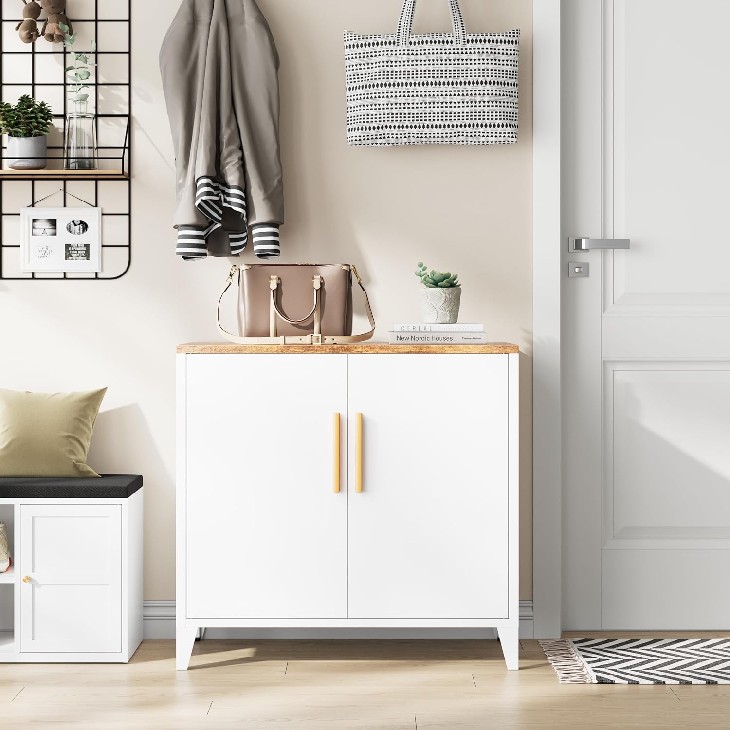 Metal Storage Cabinet with 2 Doors and Shelves 16" Dx 32" Wx30 H,Small Buffet Sideboard Short Cabinet for Kitchen Dining,Office Credenza Locker Modern Coffee Bar,Entryway Bathroom(Black)