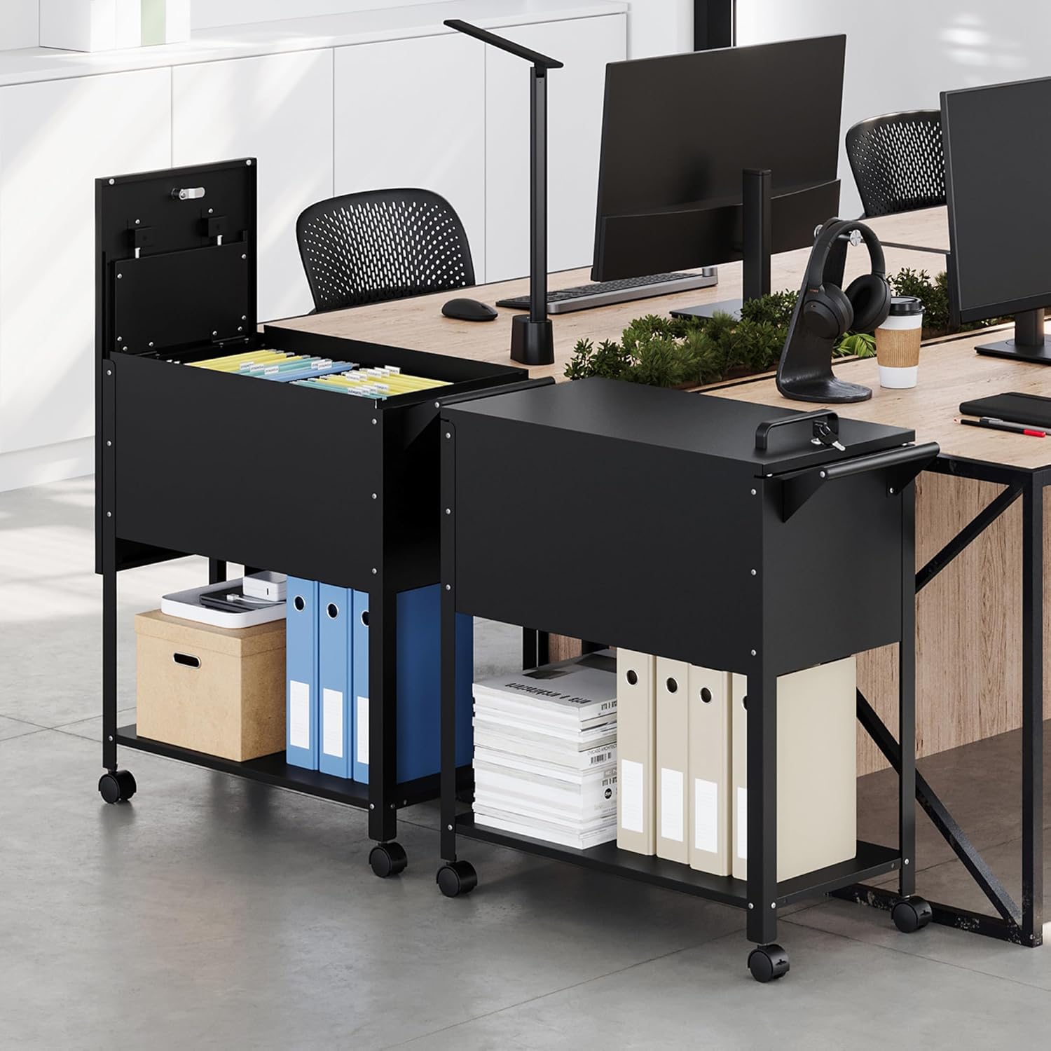 Mobile File Cabinet with Lock-Rolling Filing Cart with Wheels-Hanging Letter/A4/F4/Legal Size Movable Pull-Out File Folder for Home Office-Black