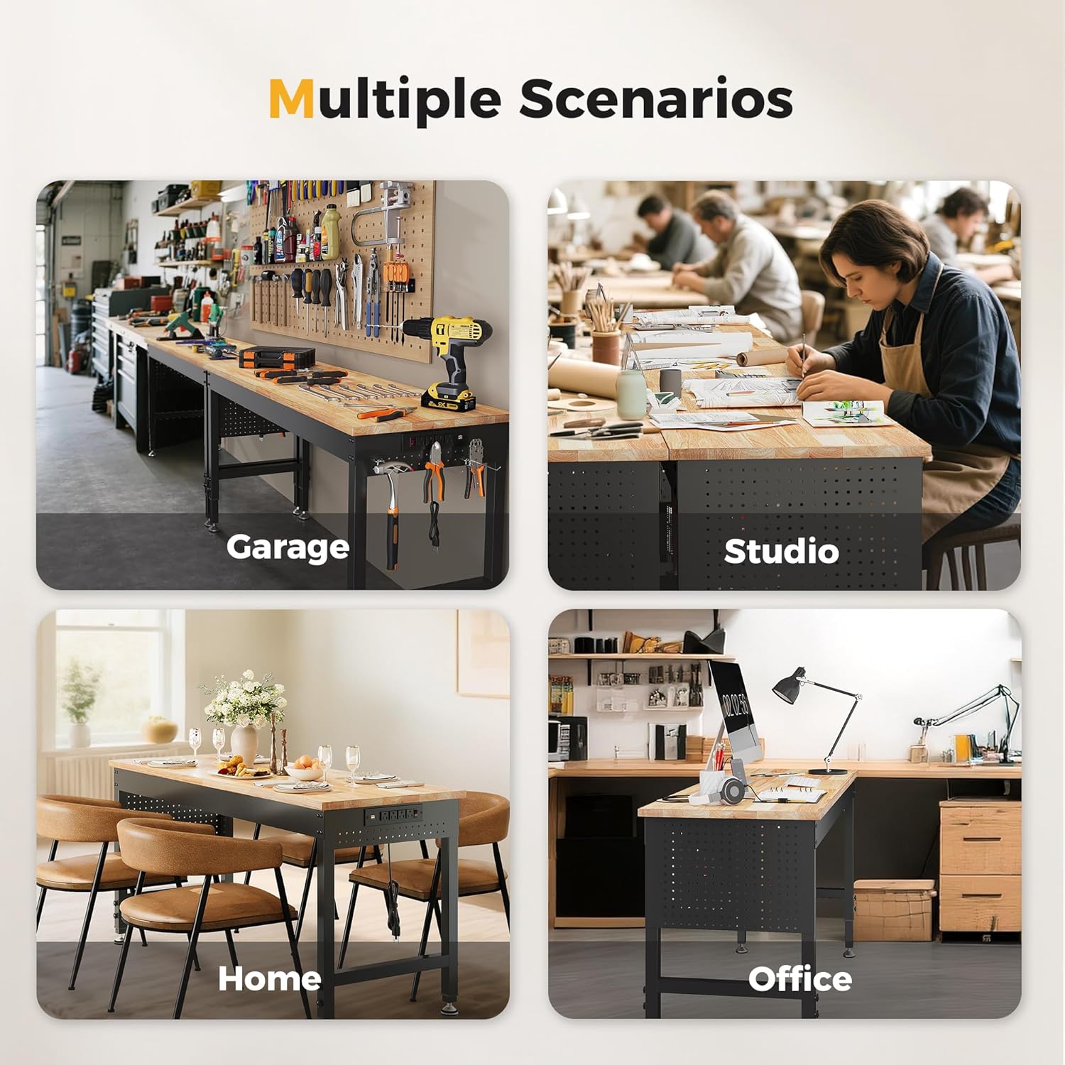 60" Adjustable Heavy Duty Workbench, 2000 lbs Load Rubberwood Work Table with Pegboard & Power Outlets for Garage, Workshop & Office