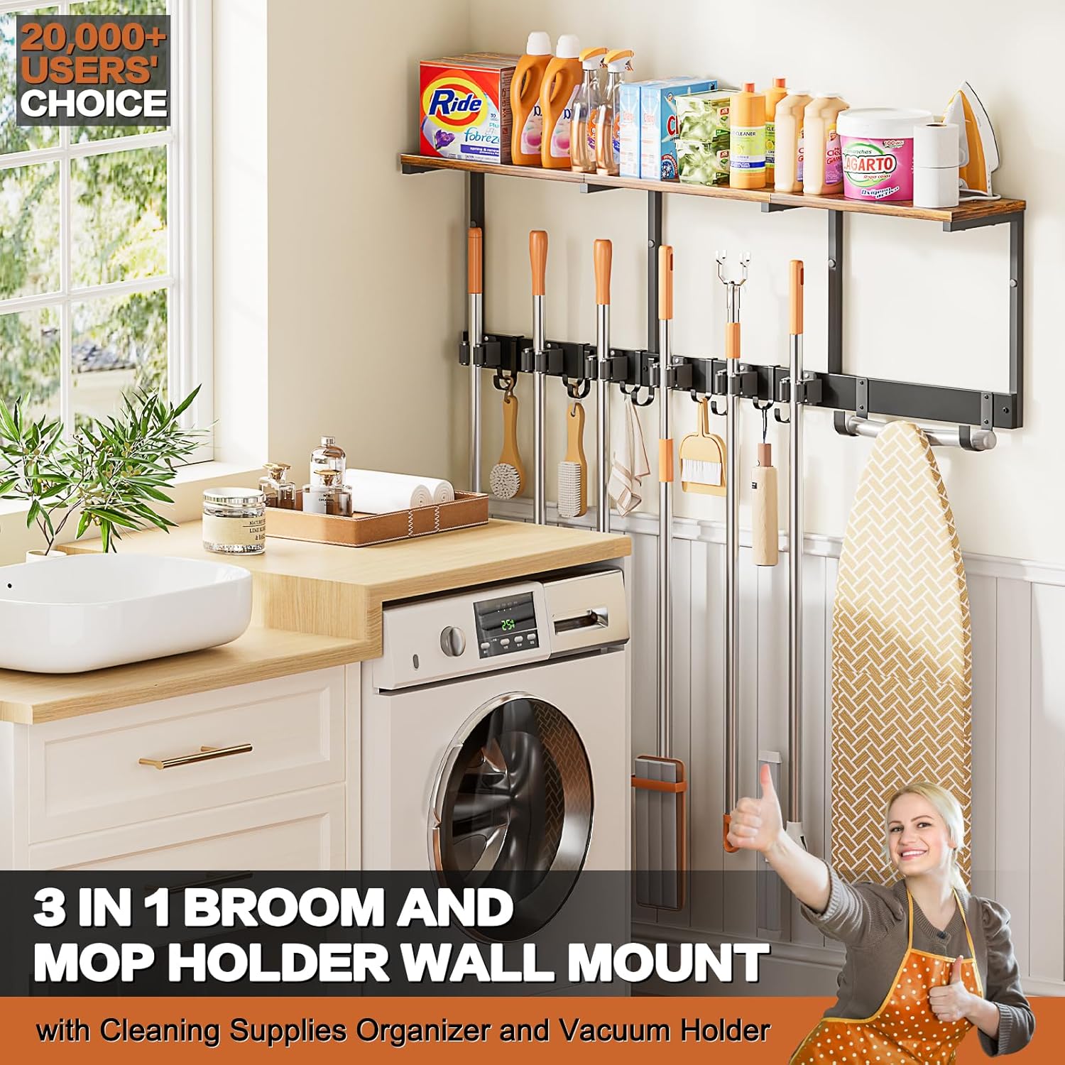 Broom Holder Wall Mount with Cleaning Supplies Organizer, Laundry Room Organization and Storage Shelves with Ironing Board Holder, Mop Hanger Broom Rack with Hooks, Home Improvement Garage Organizer