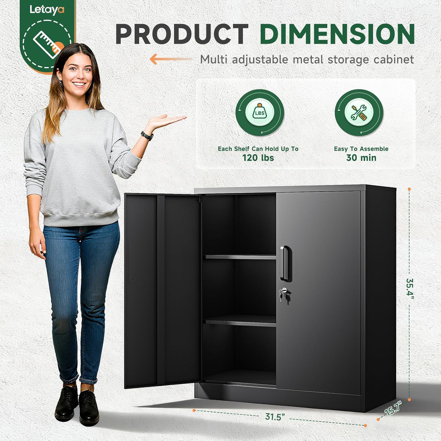 Metal Storage Cabinets with Lock, Small Locker Steel Cabinets, Adjustable Shelves 2 Doors for Home,Office, Warehouse,Garage(Black-36)