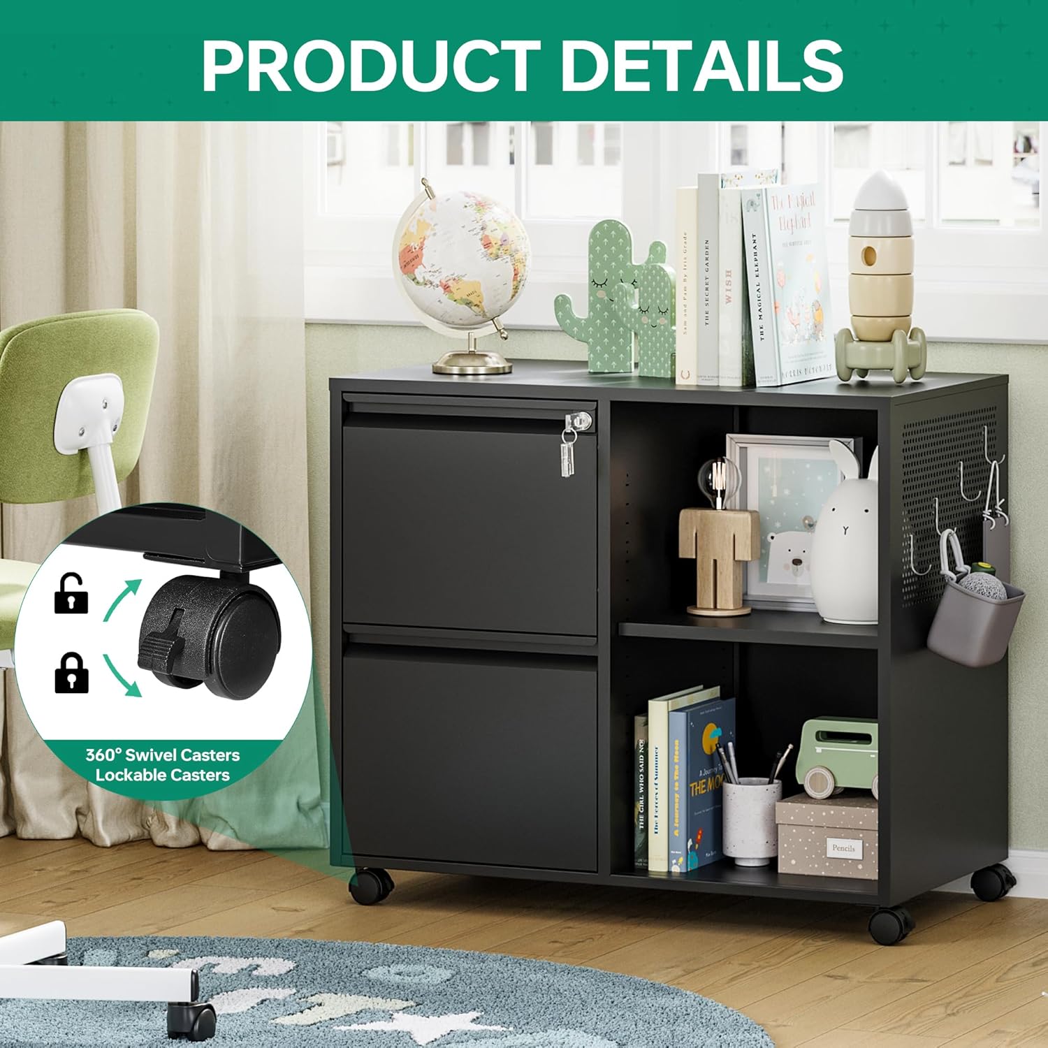 Mobile 3 Drawer File Cabinet with Lock-Metal Lateral Rolling Printer Stand Filing Cabinets for Home Office-Storage A4/F4/Letter (Black)