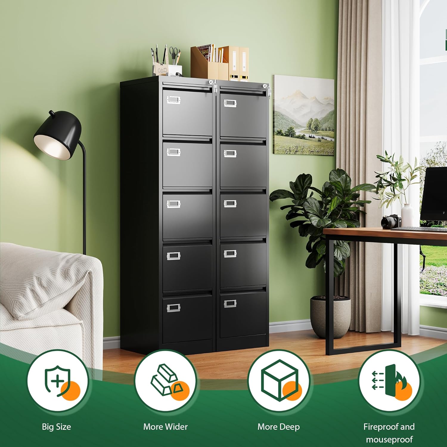 2 Drawer File Cabinet with Lock,Metal Office Small Filing Cabinets for Home Office,Storage Letter,Black-Easy Assemble