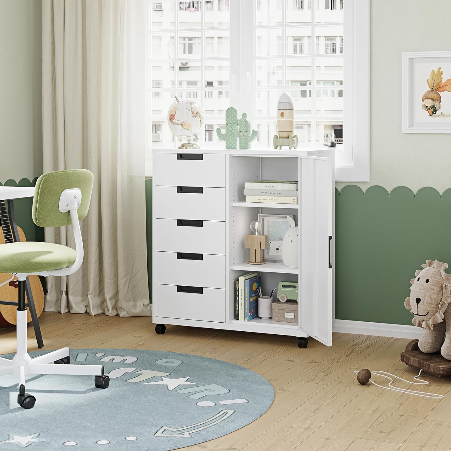 5 Drawer Storage Cabinet, Mobile Printer Stand for Home Office,Dresser Chest with Shelves and Door(Black)