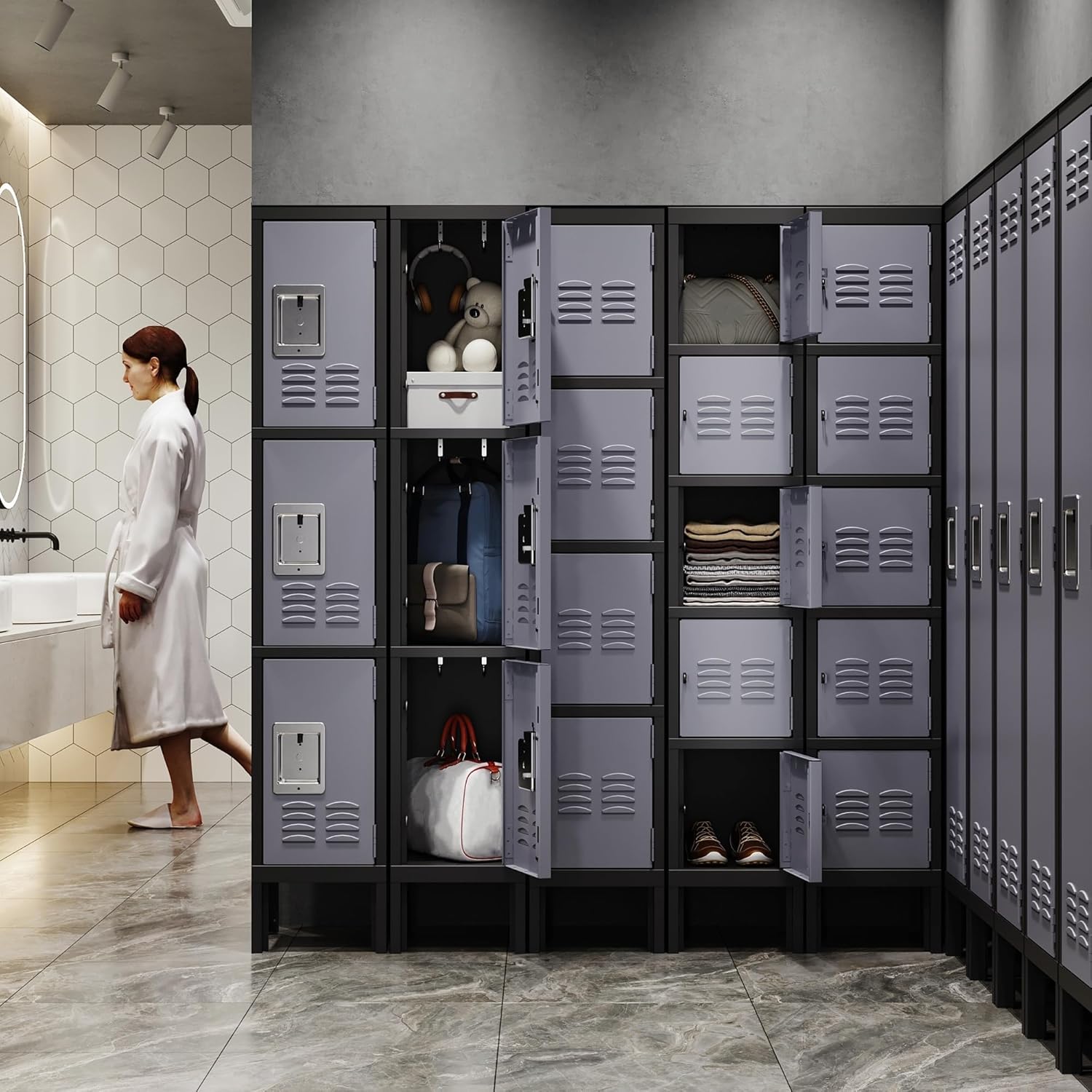 Storage Lockers with Lock Door,Metal Storage Cabinet 4 Tier for Employees, School,Gym, Home,Office(4 Door-Gray)