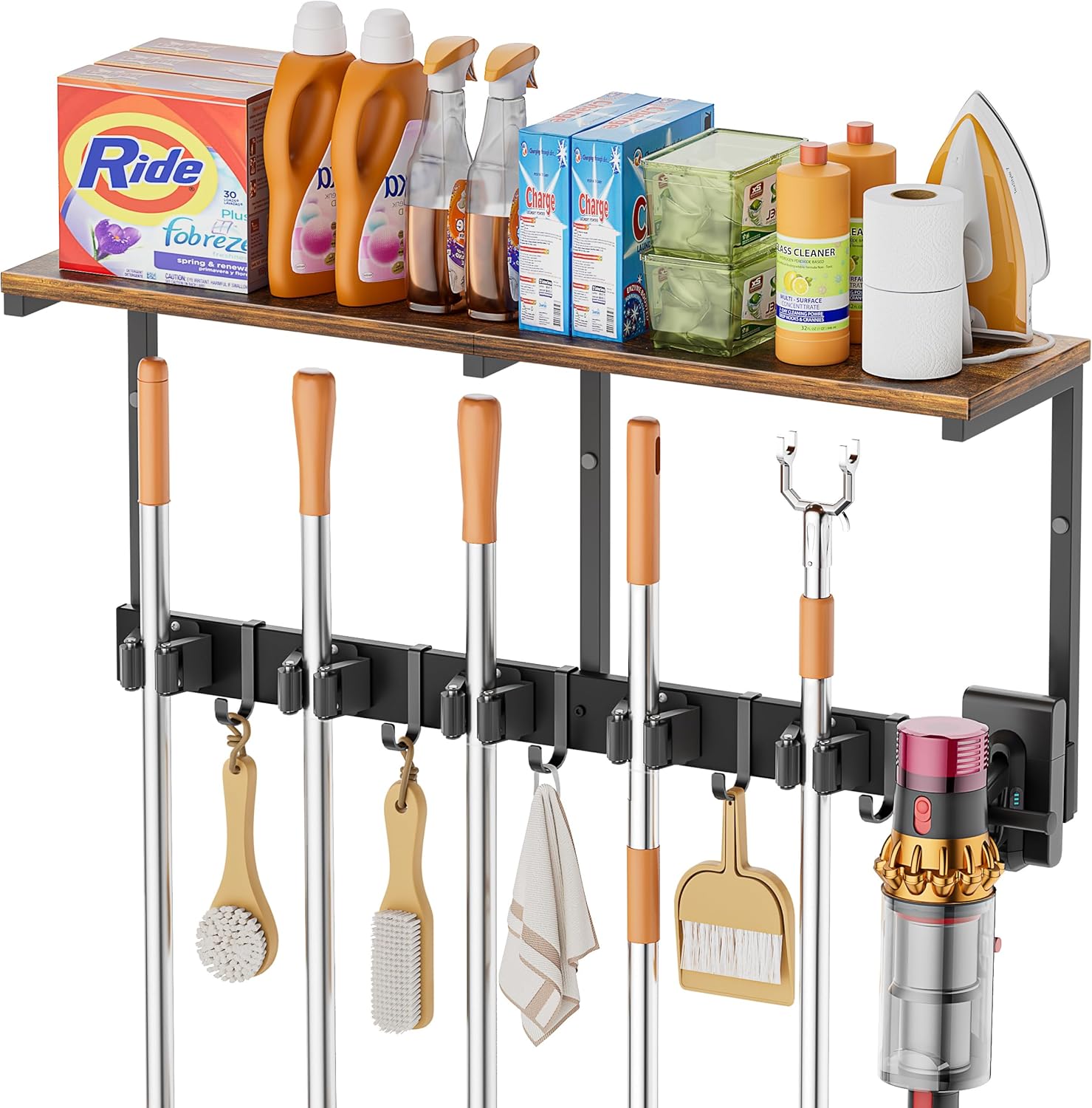 Broom Holder Wall Mount with Cleaning Supplies Organizer, Laundry Room Organization and Storage Shelves with Ironing Board Holder, Mop Hanger Broom Rack with Hooks, Home Improvement Garage Organizer