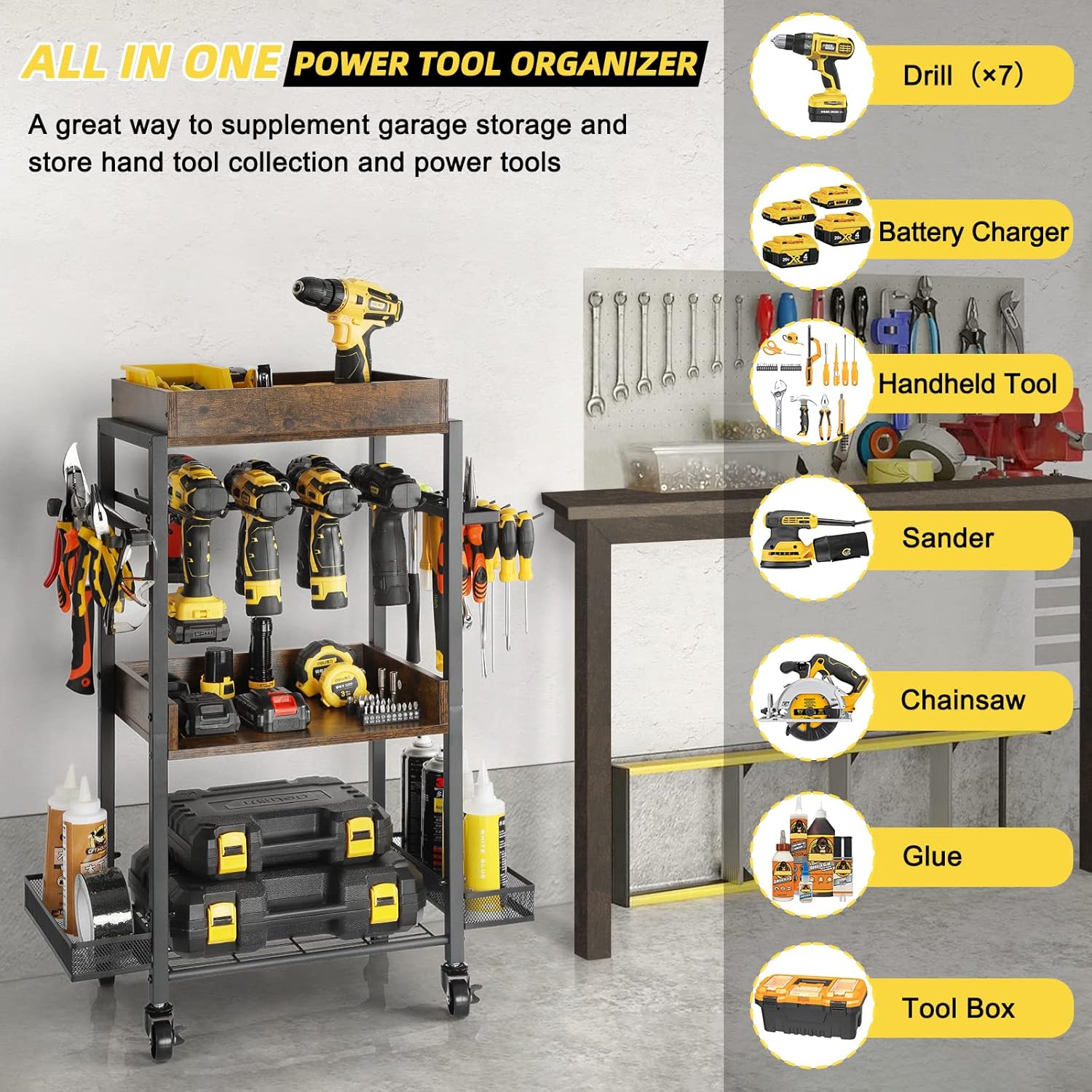 Power Tool Organizer Garage Storage Organization Shelving Tool Holder Drill Rack Shelf Rolling Cart Open Tool Chest Cabinet Box Organizer with Wheels Workshop Garage Gift Ideas for Men Dad