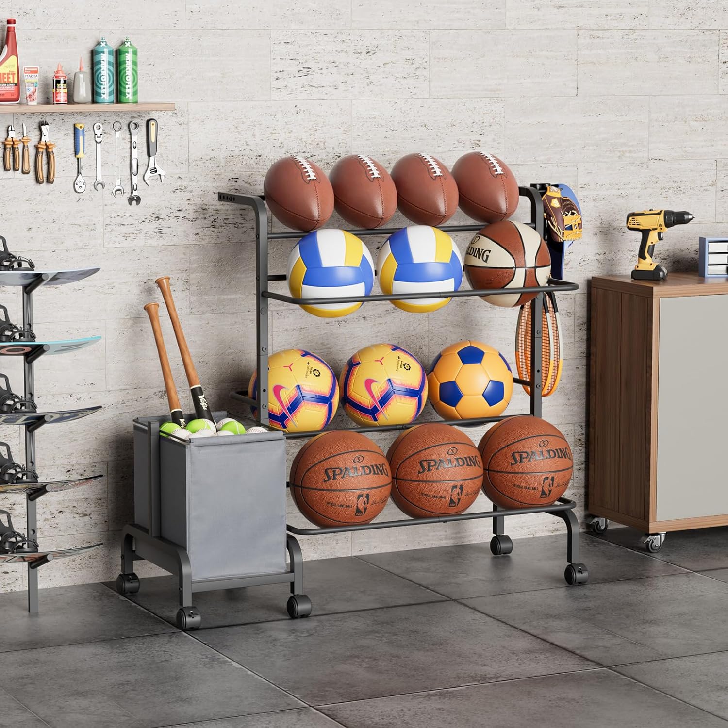 Ball Storage Rack, Adjustable Basketball Holder Display Stand with Ball Basket Bin Hooks, Outdoor Ball Cart with wheels for Soccer Football Tennis Baseball, Sport Equipment Organizer for Garage Gym