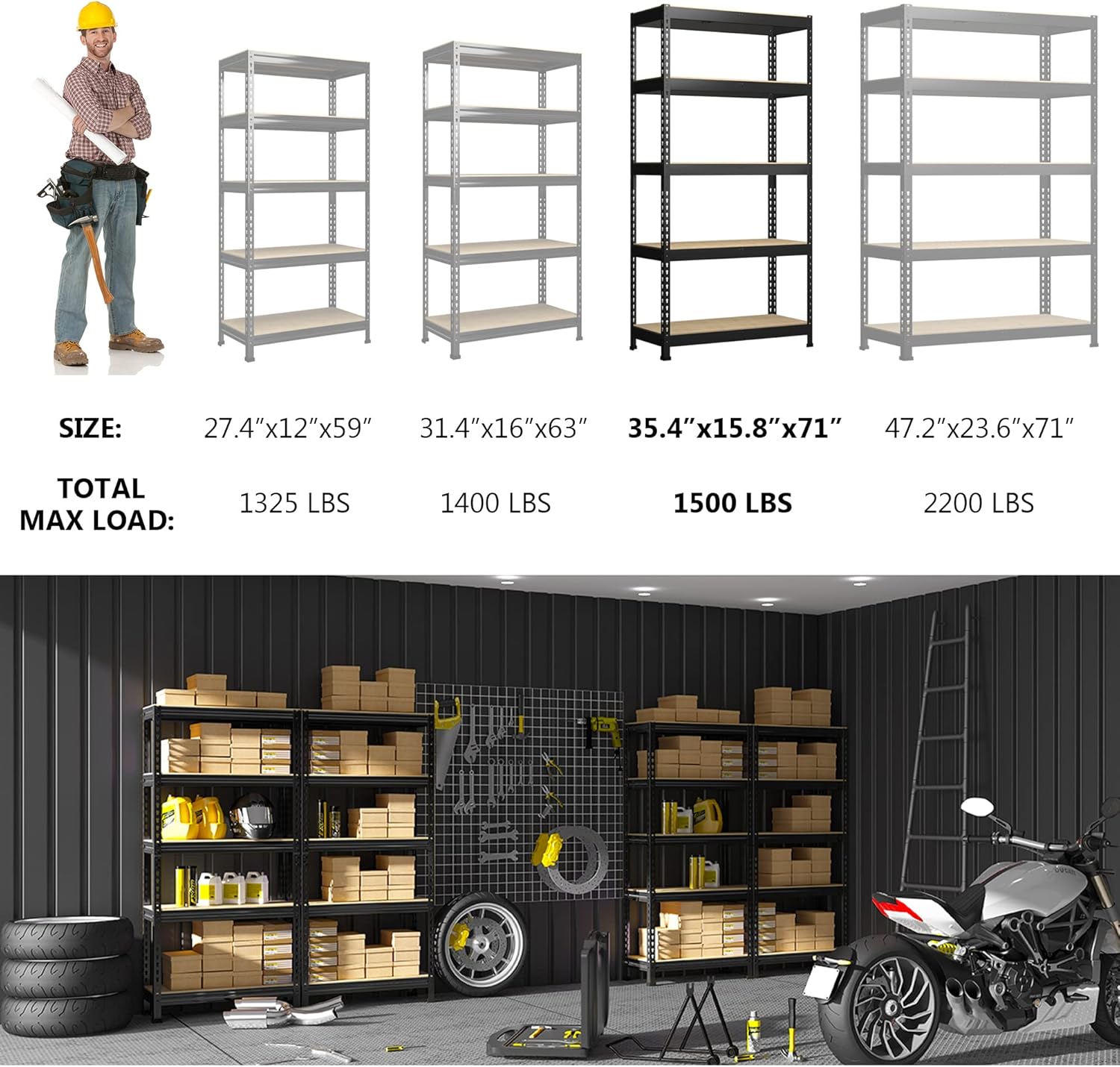 Adjustable Heavy Duty Metal Shelving Unit for Garage, Pantry & Basement Storage, 48"W x 24"D x 72"H, Black