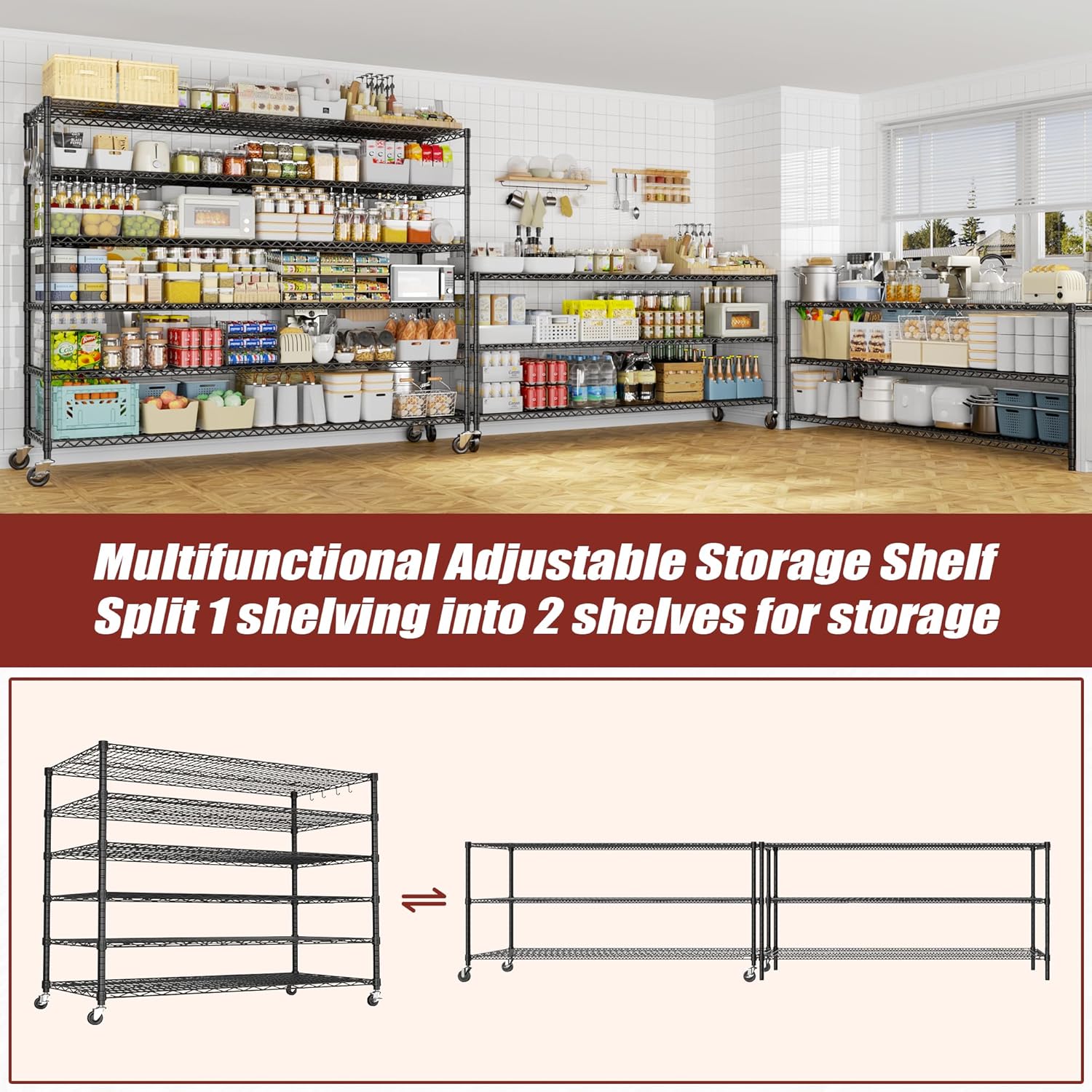 6-Tier Heavy Duty Wire Shelving with Wheels, Adjustable NSF-Certified Steel Storage Rack for Kitchen, Garage & Laundry, 36"W x 16"D x 79"H