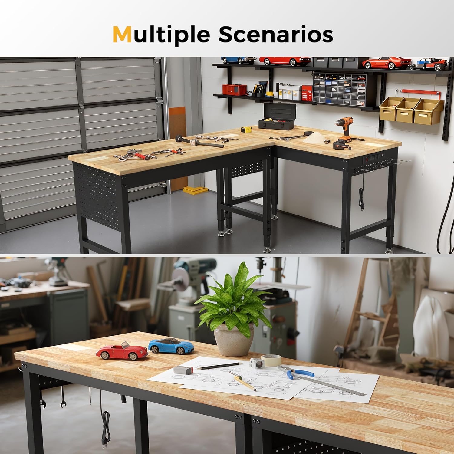 47.6" Adjustable Heavy Duty Workbench, 2000 lbs Load Rubberwood Work Table with Pegboard & Power Outlets for Garage, Workshop & Home