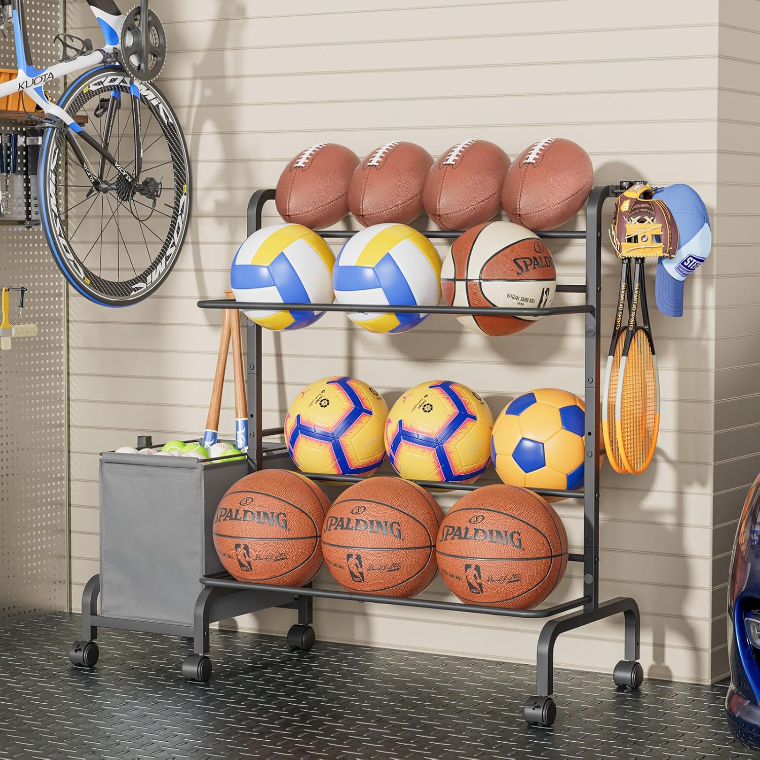 Ball Storage Rack, Adjustable Basketball Holder Display Stand with Ball Basket Bin Hooks, Outdoor Ball Cart with wheels for Soccer Football Tennis Baseball, Sport Equipment Organizer for Garage Gym