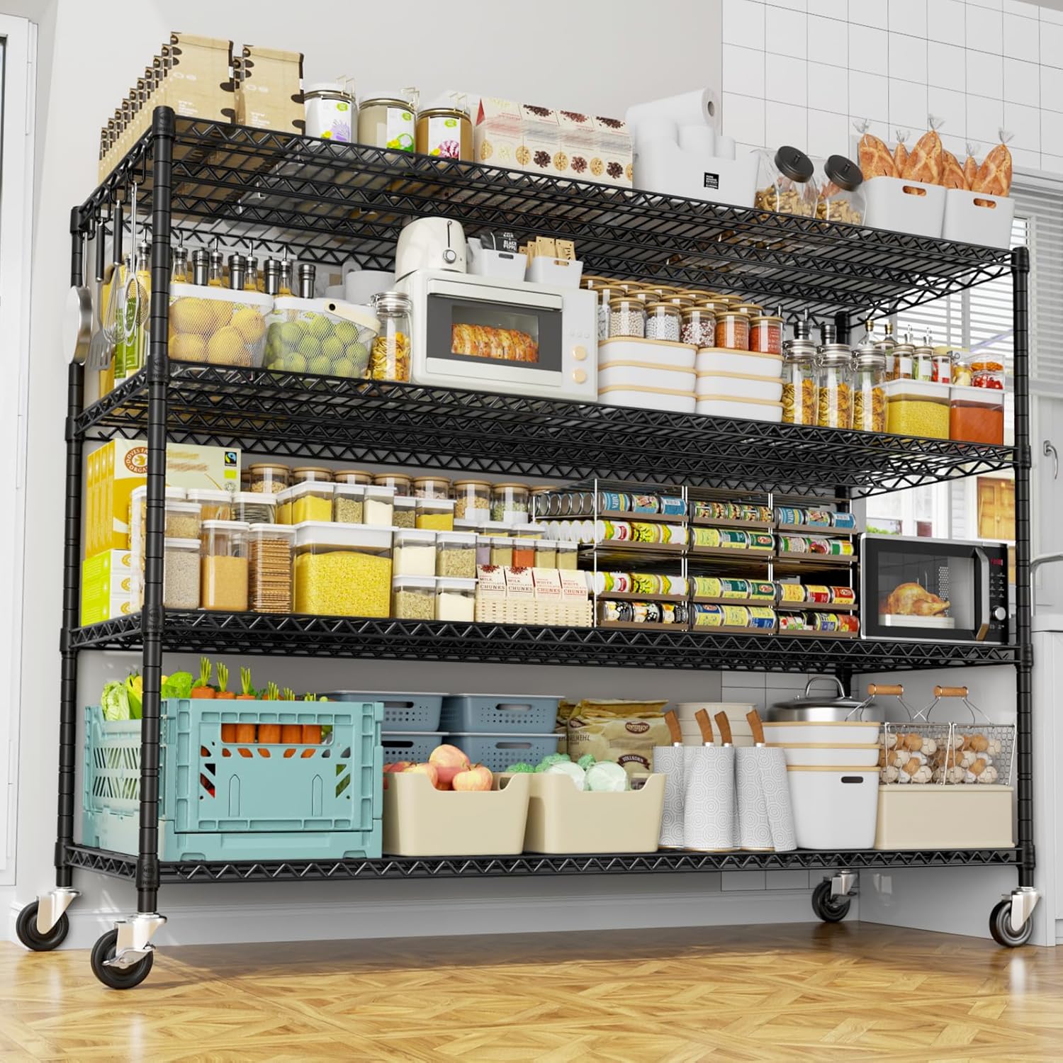 4-Tier Heavy Duty Wire Shelving with Wheels, Adjustable NSF-Certified Rolling Storage Rack for Garage & Pantry, 60"W x 24"D x 76"H