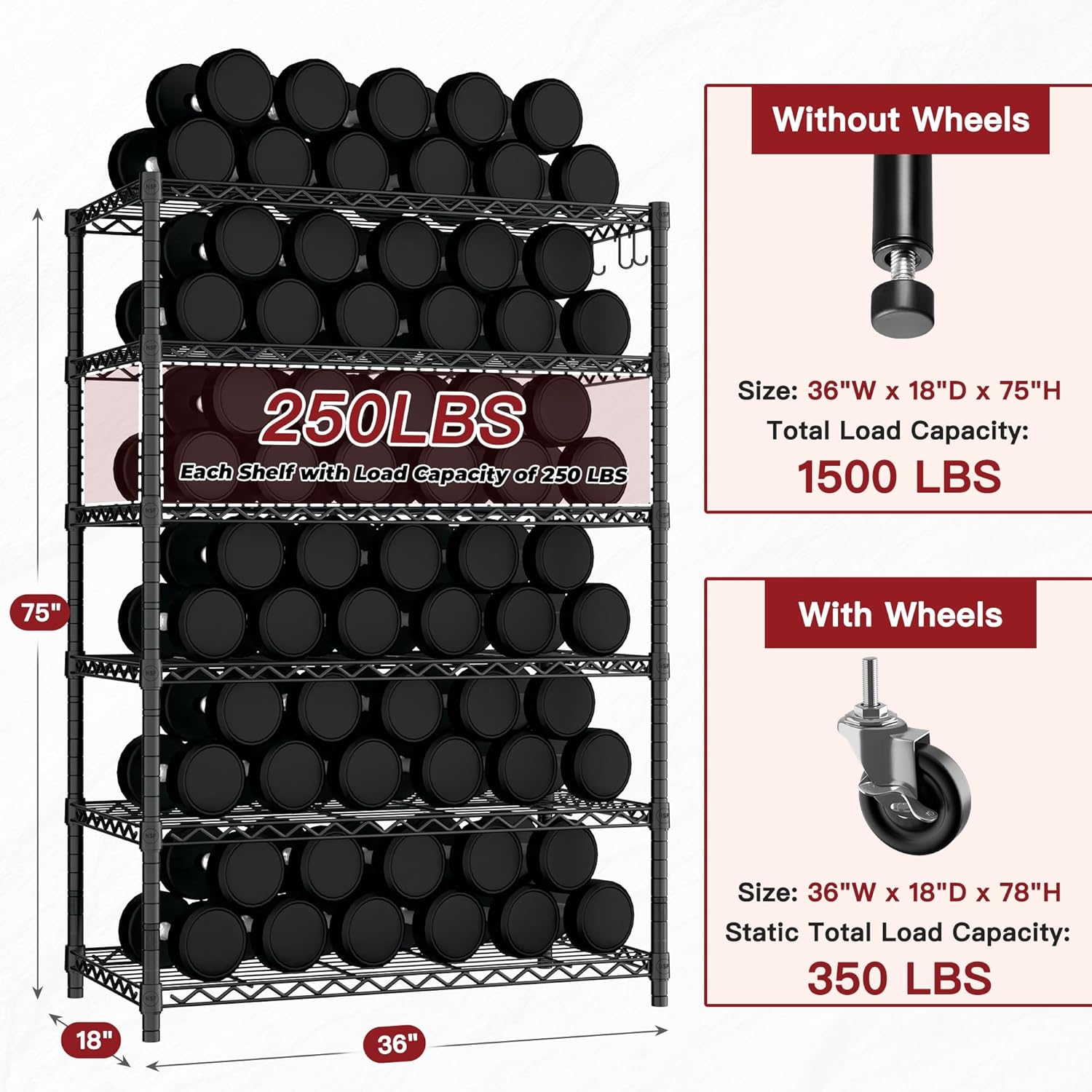 5-Tier Heavy Duty Wire Shelving with Wheels, Adjustable NSF-Certified Rolling Storage Rack for Kitchen, Garage & Laundry, 36"W x 14"D x 74"H