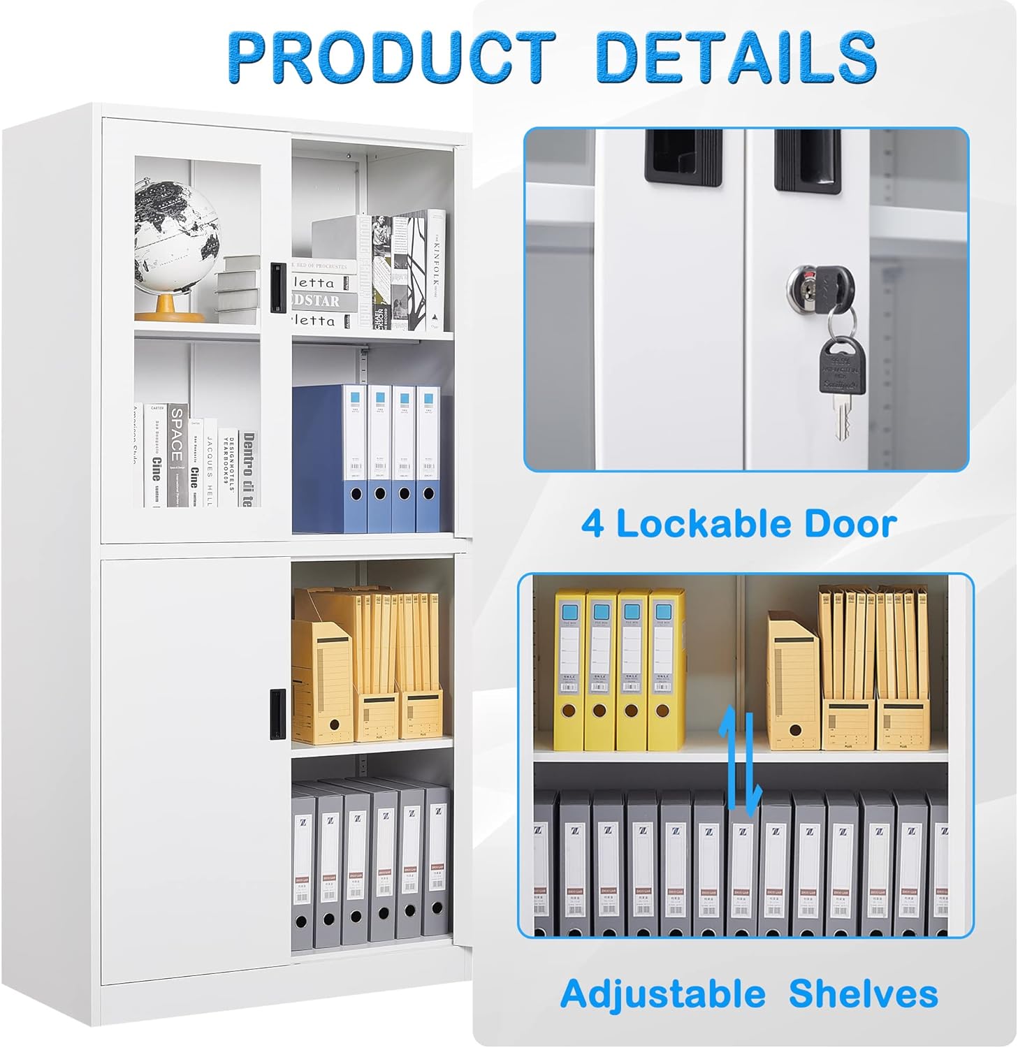Storage Cabinet with Doors and Shelves,71" Steel Locker Acrylic Glass Door with Lock, for School Home Office