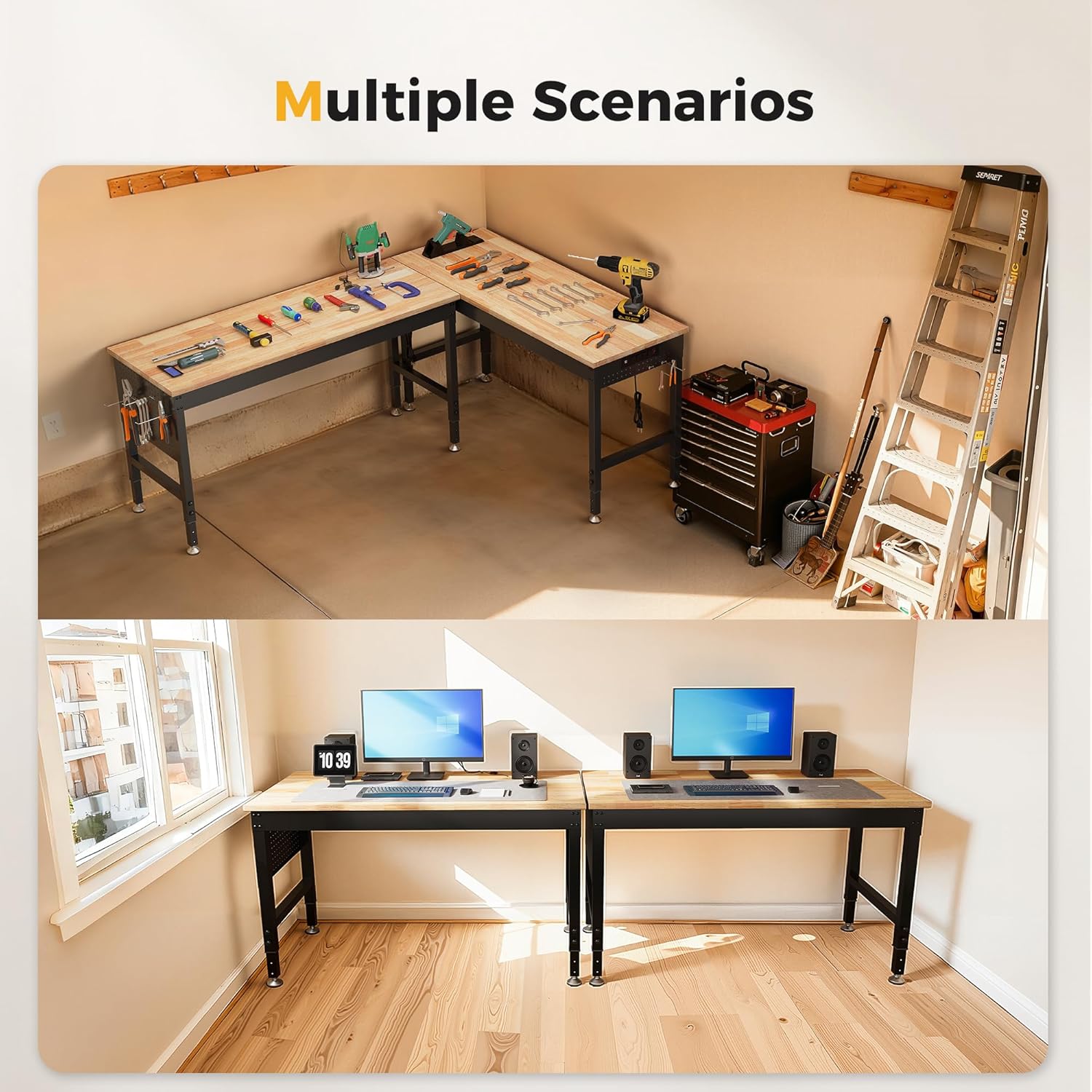 96" Adjustable Heavy Duty Workbench, 2000 lbs Load Rubberwood Work Table with Pegboard & Power Outlets for Garage, Workshop & Commercial Use