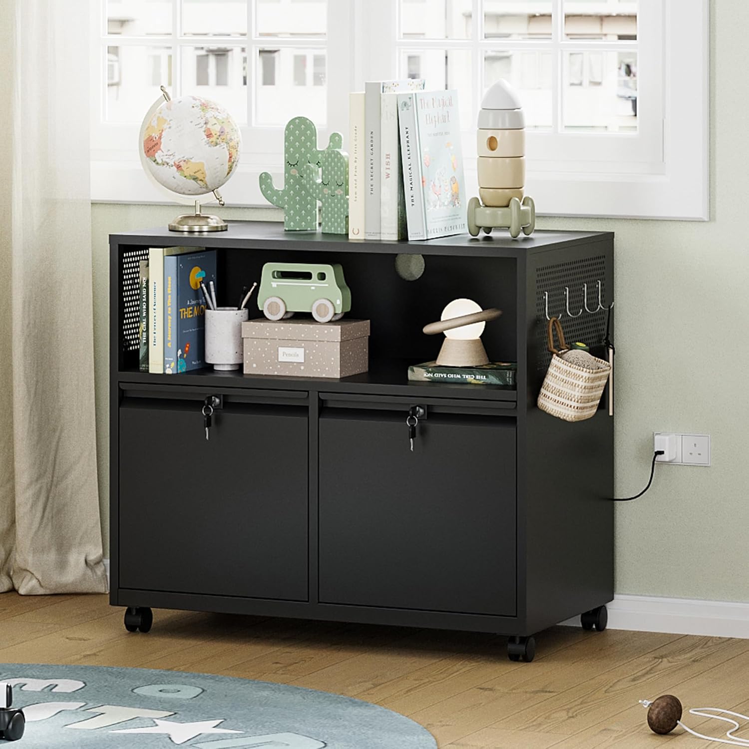 Mobile 3 Drawer File Cabinet with Lock-Metal Lateral Rolling Printer Stand Filing Cabinets for Home Office-Storage A4/F4/Letter (Black)