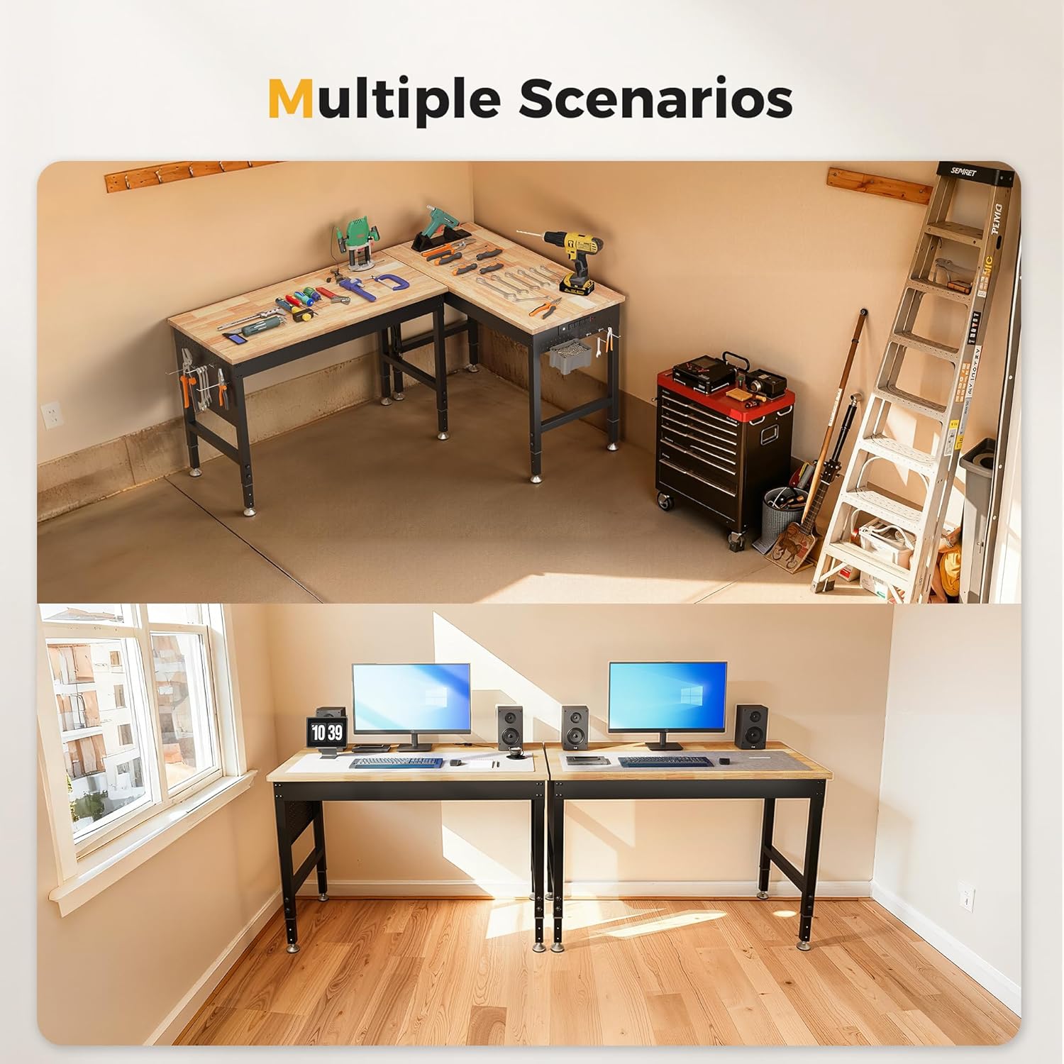 96" Adjustable Heavy Duty Workbench, 2000 lbs Load Rubberwood Work Table with Pegboard & Power Outlets for Garage, Workshop & Commercial Use