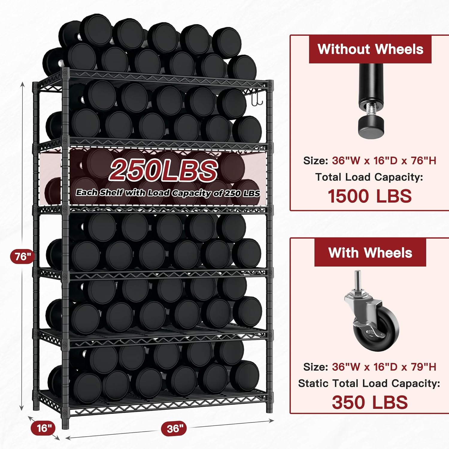 6-Tier Heavy Duty Wire Shelving with Wheels, Adjustable NSF-Certified Steel Storage Rack for Kitchen, Garage & Laundry, 36"W x 16"D x 79"H
