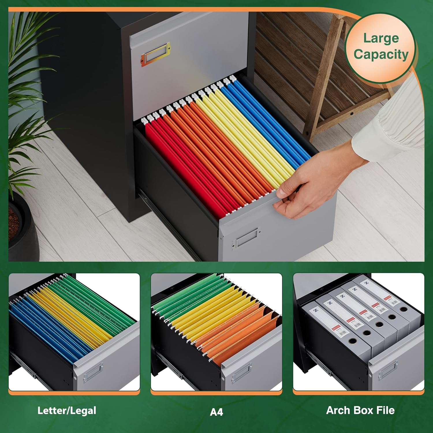 2 Drawer File Cabinet with Lock,Metal Office Small Filing Cabinets for Home Office,Storage Letter,Black-Easy Assemble