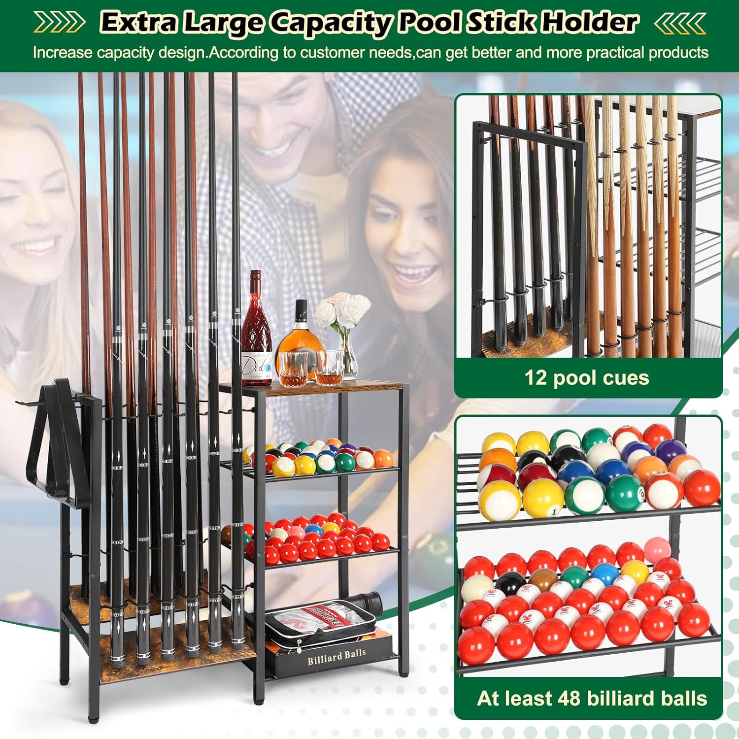 Pool Stick Holder Floor Stand up to 12 Cue Sticks, Pool Cue Holder with Balls Storage, Pool Table Accessories Stand Large Pool Cue Rack Equipment Organizer Cue Stick Holder for Billiard Game Room