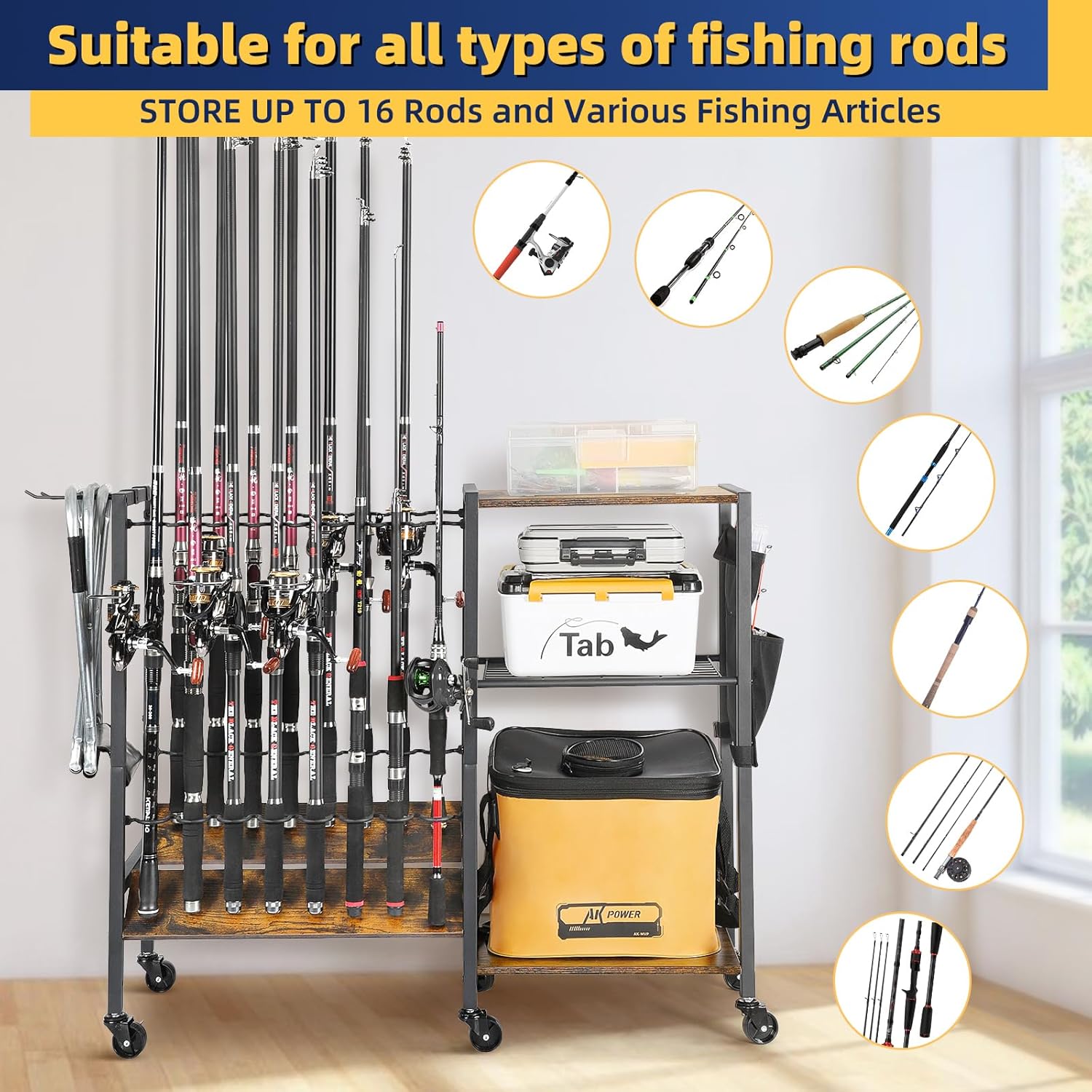 Fishing Rod Holders for Garage, Fishing Pole Holders Rolling Cart with Tackle Storage Organizer for Boat Home Entryway, Equipment Box & Reel Organization, Ideal Gift for Men Dad Anglers