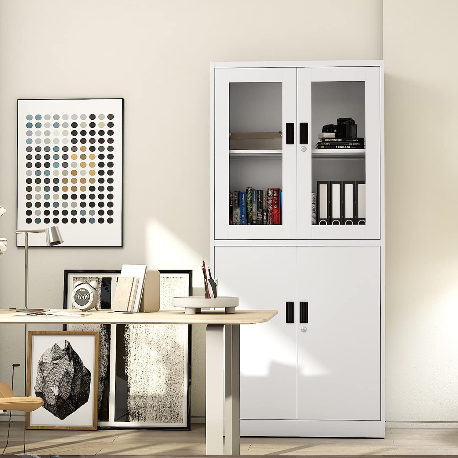 Storage Cabinet with Doors and Shelves,71" Steel Locker Acrylic Glass Door with Lock, for School Home Office
