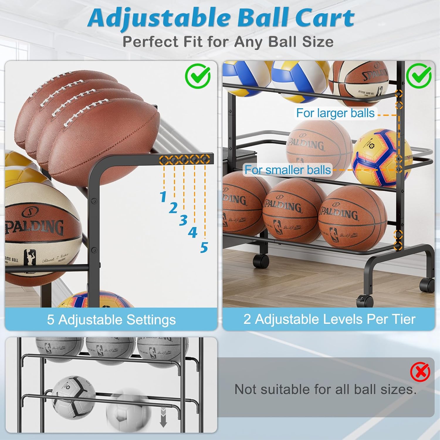 Ball Storage Rack, Adjustable Basketball Holder Display Stand with Ball Basket Bin Hooks, Outdoor Ball Cart with wheels for Soccer Football Tennis Baseball, Sport Equipment Organizer for Garage Gym